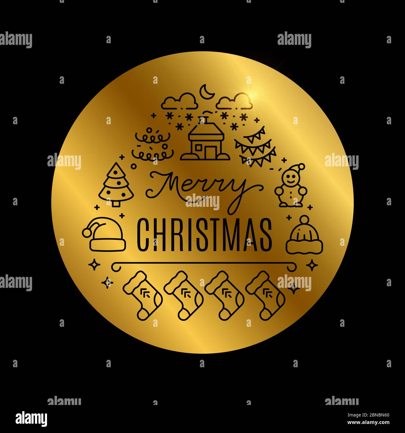 Banner vettoriale dorato natalizio con effetto lucido isolato su illustrazione nera Illustrazione Vettoriale