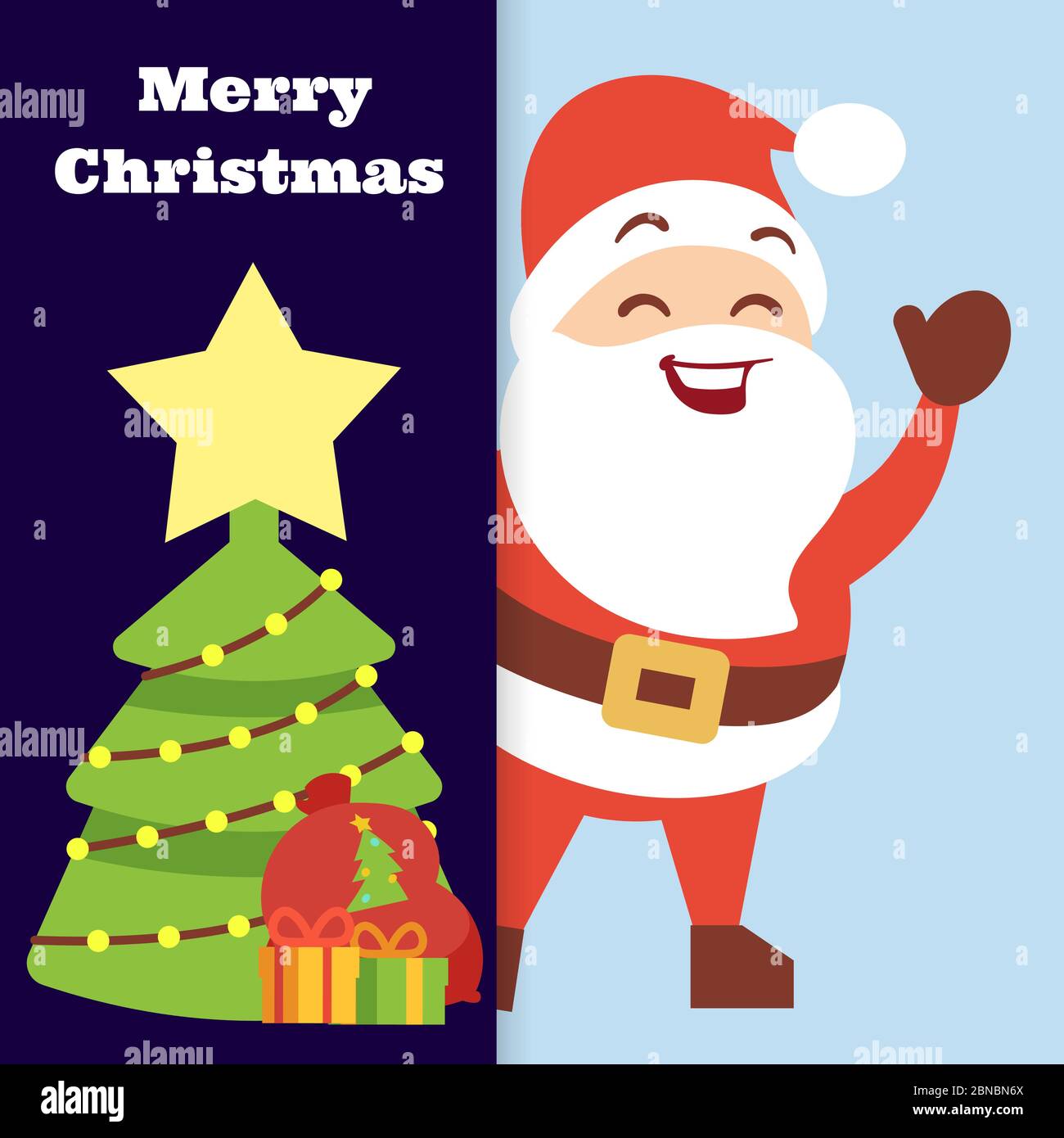 Modello vettore banner Natale con simpatico Santa felice e l'illustrazione dell'albero di Natale Illustrazione Vettoriale