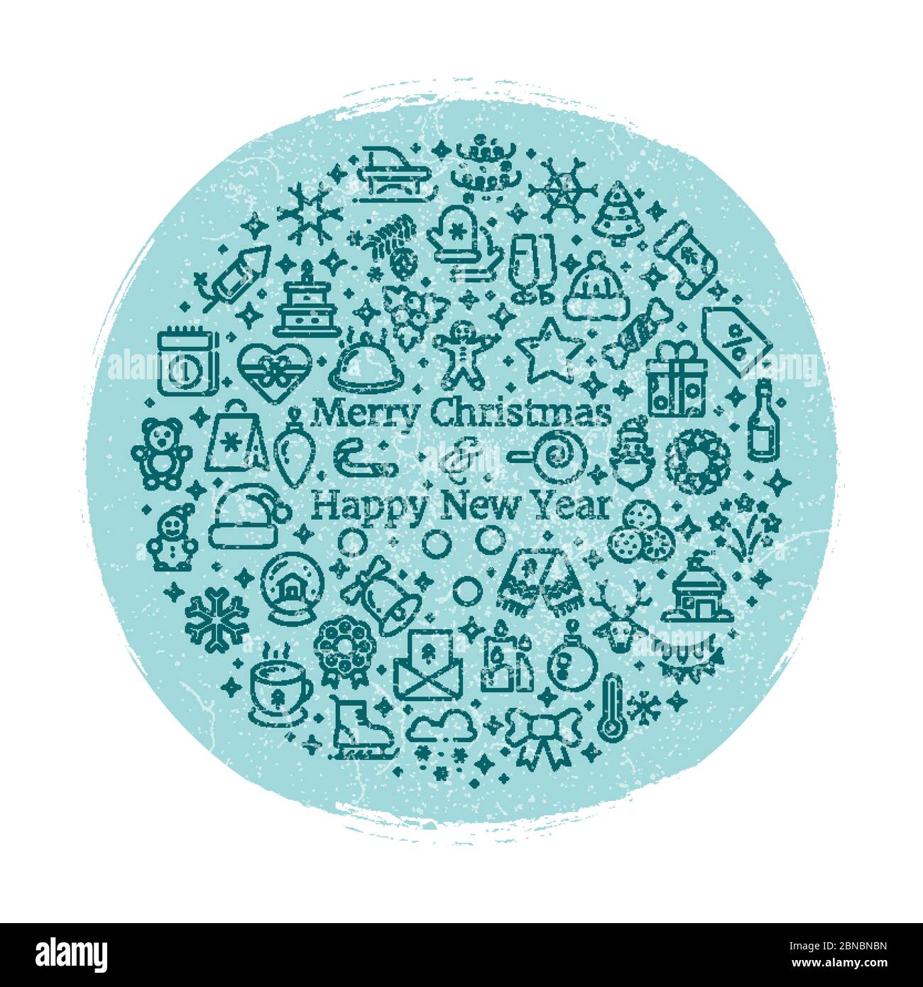 Grunge Capodanno e Natale linea icone arte disposti in palla - Xmas vintage banner modello vettore isolato su illustrazione bianca Illustrazione Vettoriale