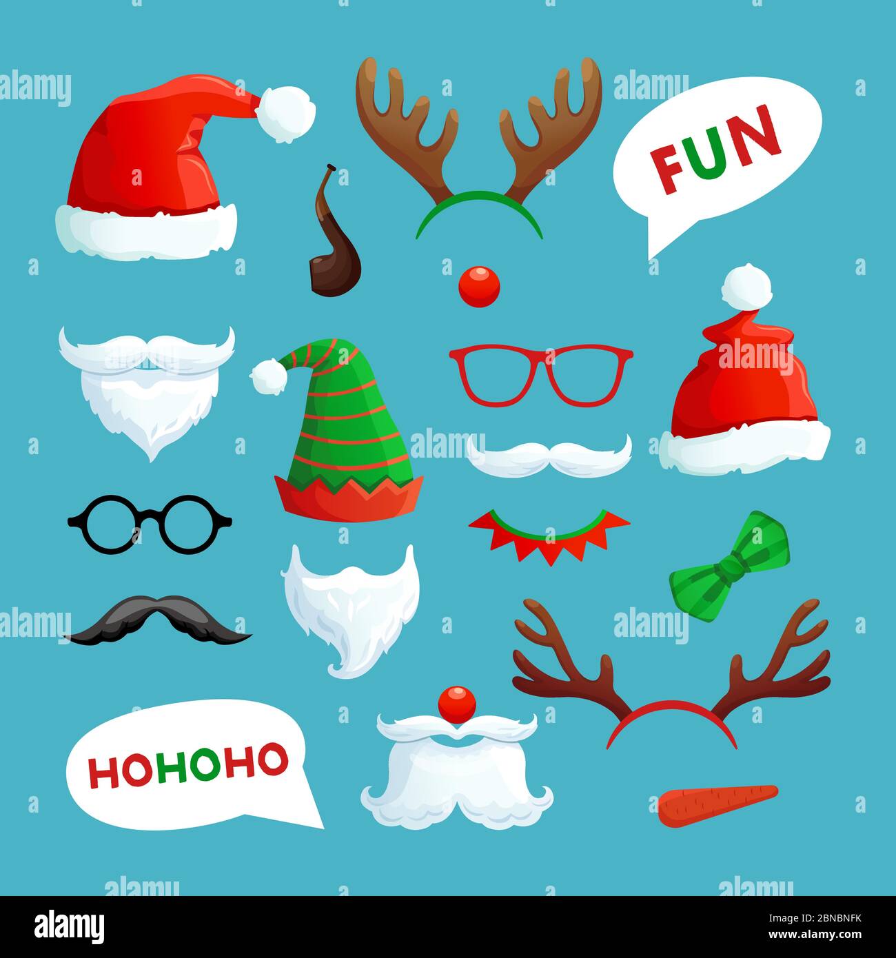 Cabina fotografica di Natale. Cappelli di Santa, baffi, barba e renna antlers xmas oggetti vettoriali. Cappello di Babbo e cabina di Natale antlers renne e baffi claus illustrazione Illustrazione Vettoriale