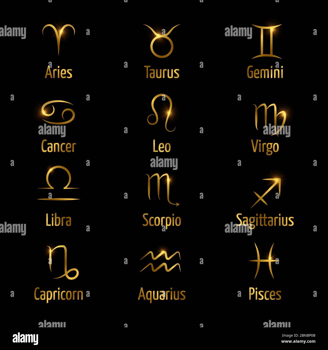 I simboli vettoriali zodiacali disegnati a mano brillano l'effetto oro. Astrologia Oroscopo zodiaco, virgo e ariete, acquario e gemini illustrazione Illustrazione Vettoriale