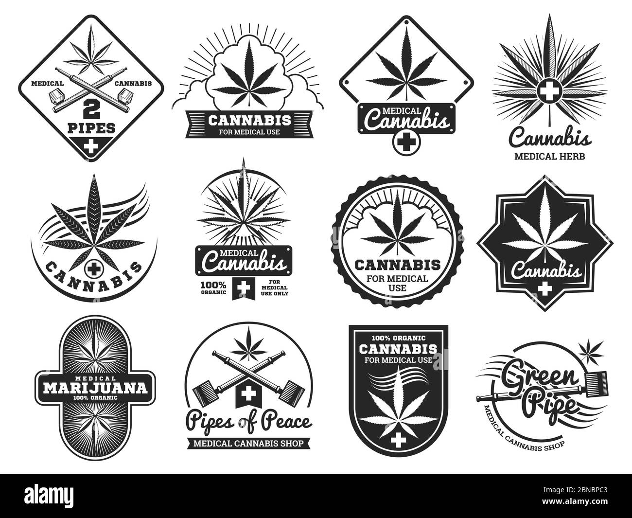 Hashish, rastaman, canapa, cannabis, marijuana vettore loghi e etichette sono isolati su illustrazione bianca Illustrazione Vettoriale
