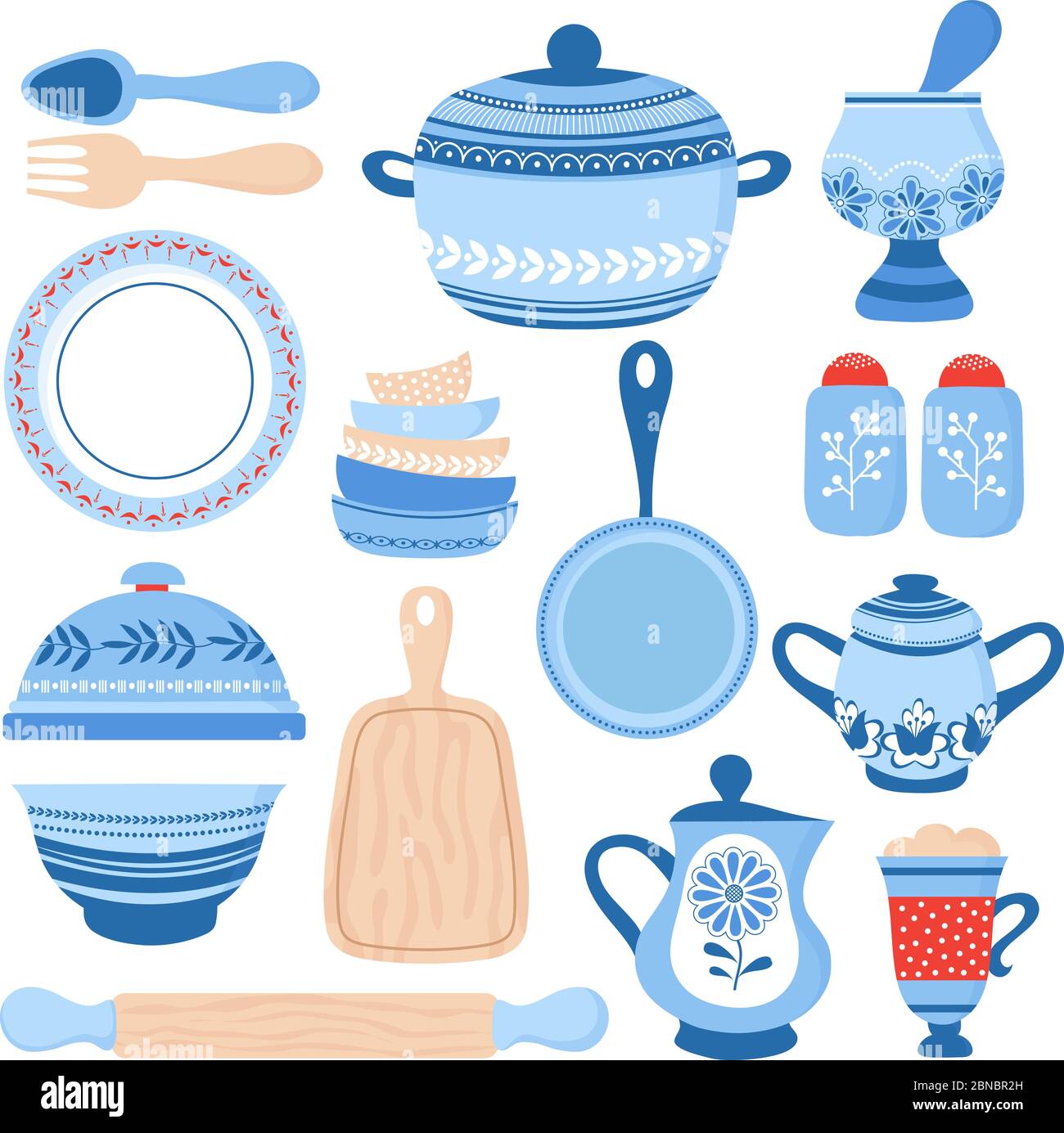 Stoviglie pentole in ceramica. Ciotole, piatti e piatti in porcellana blu. Strumenti da cucina raccolta vettoriale. Illustrazione di pentole e pentole, piatti e caraffa Illustrazione Vettoriale