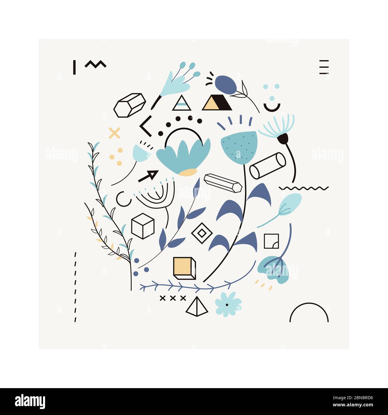 Set di composizioni floreali vettoriali decorative a forma di doodle astratte disegnate a mano ed elementi con foglie colorate e figure geometriche in bianco e nero. Illustrazione Vettoriale