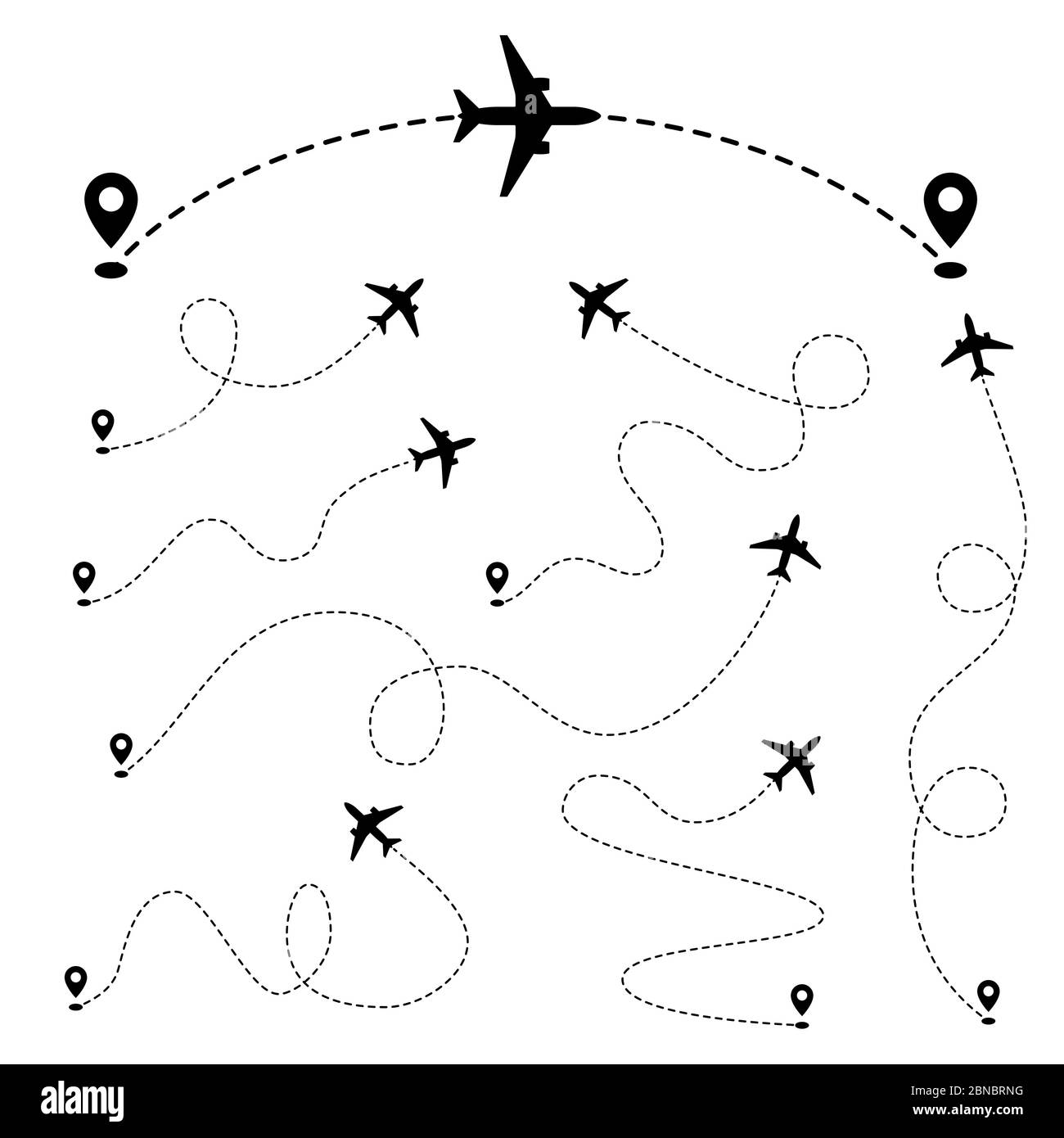 Percorsi aerei. Linea di traccia tratteggiata piana dal punto. Gruppo vettoriale. Aereo di percorso, linea di rotta dell'aereo, illustrazione dell'aria di pista Illustrazione Vettoriale