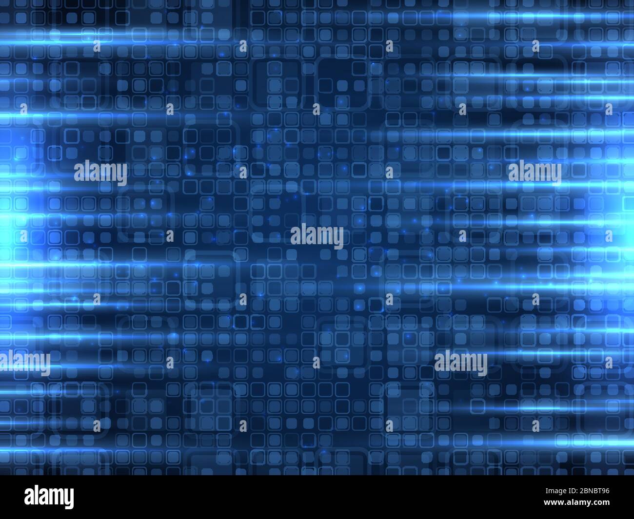 Background tecnologico astratto. Rettangoli prospettici con luce chiara. Griglia a matrice futuristica, illustrazione vettoriale a tunnel virtuale. Sfondo futuristico digitale blu moderno Illustrazione Vettoriale