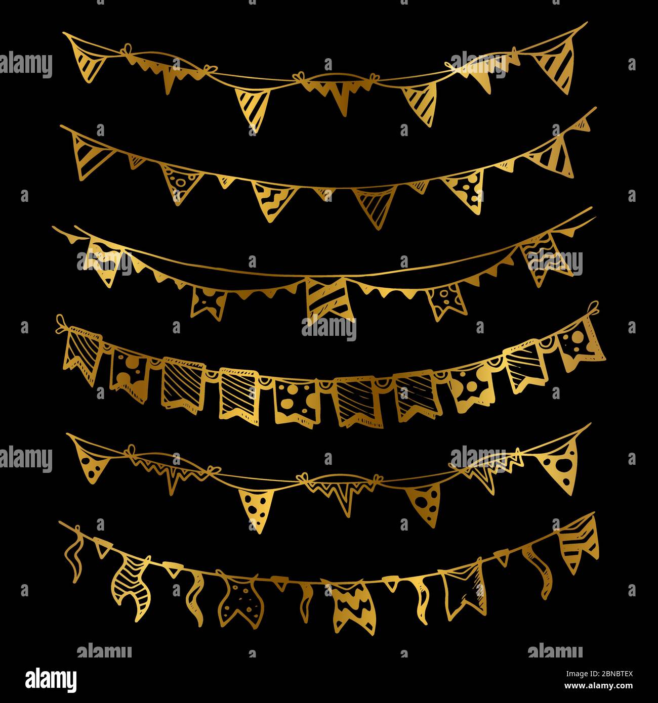 Ghirlande di vacanza d'oro con lampadine luci di festa e bandiere illustrazione del insieme vettoriale Illustrazione Vettoriale