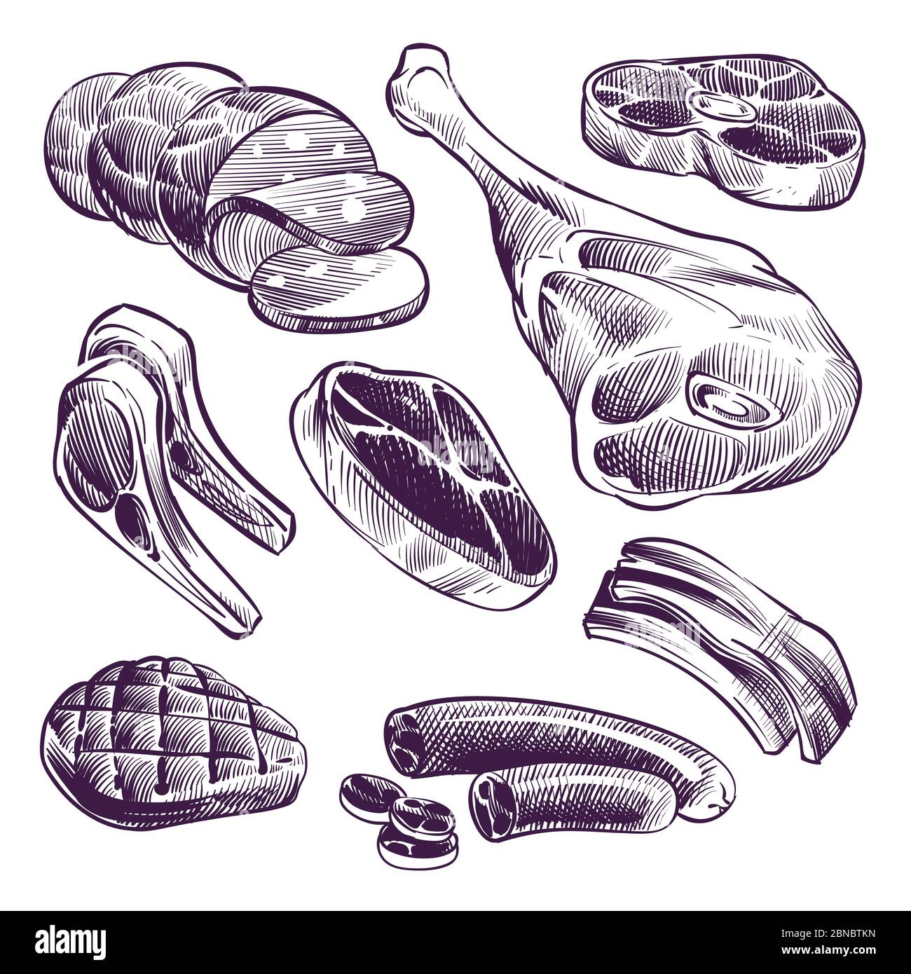 Carne disegnata a mano. Bistecca, manzo e maiale, carne alla griglia di agnello e salsiccia vintage schizzo illustrazione vettoriale. Carne e manzo per barbecue, bistecca di maiale e bistecca di manzo Illustrazione Vettoriale