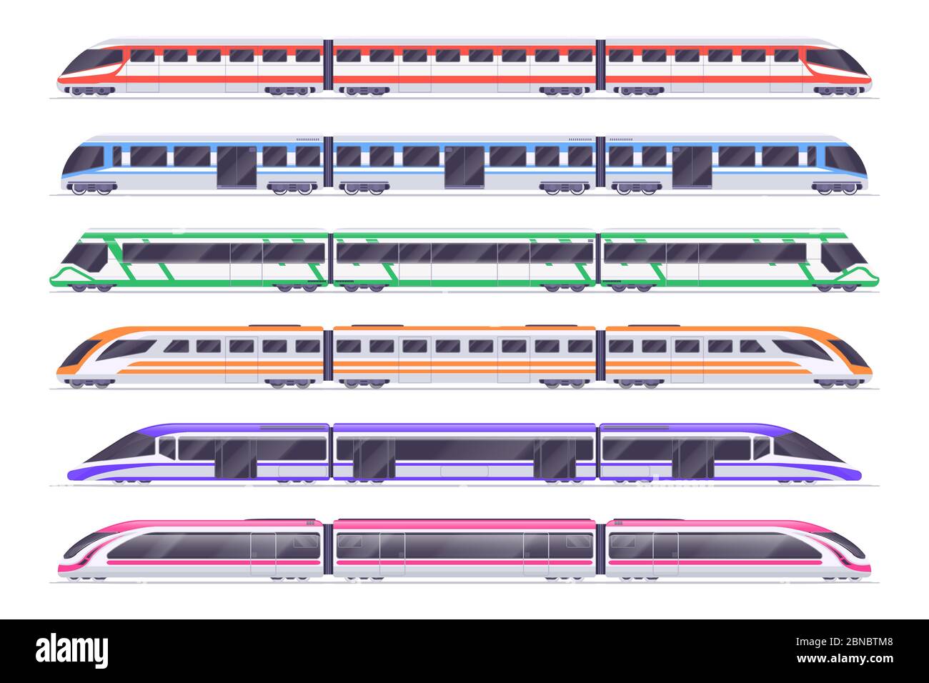Treni passeggeri. Metropolitana e treno moderni. Vettore di trasporto urbano impostato. Treno e ferrovia, illustrazione dei passeggeri dei trasporti Illustrazione Vettoriale