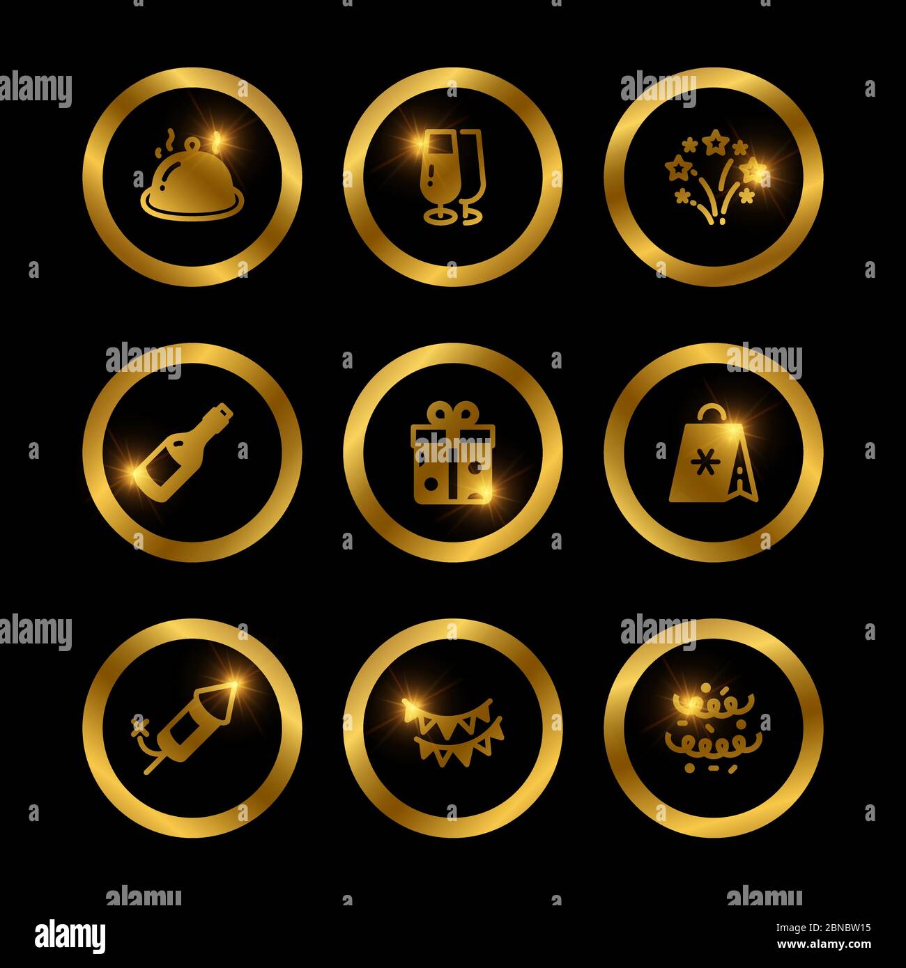 Lustra oro festivo icone vettoriale collezione illustrazione isolato su sfondo nero Illustrazione Vettoriale