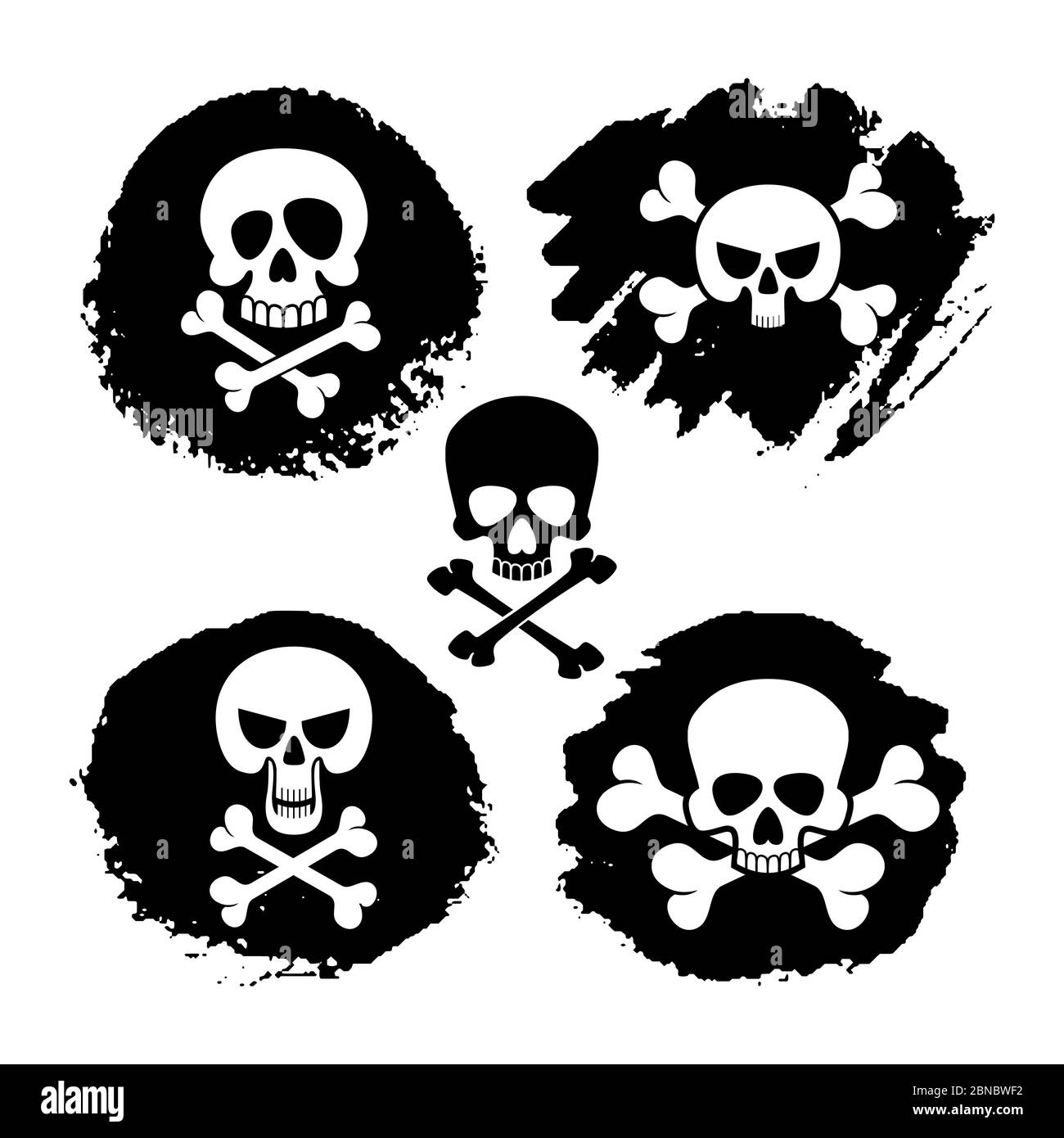 Icone vettoriali di cranio bianco pirateria e crossoni: Morte, simboli spaventosi e decorazioni grunge Illustrazione Vettoriale