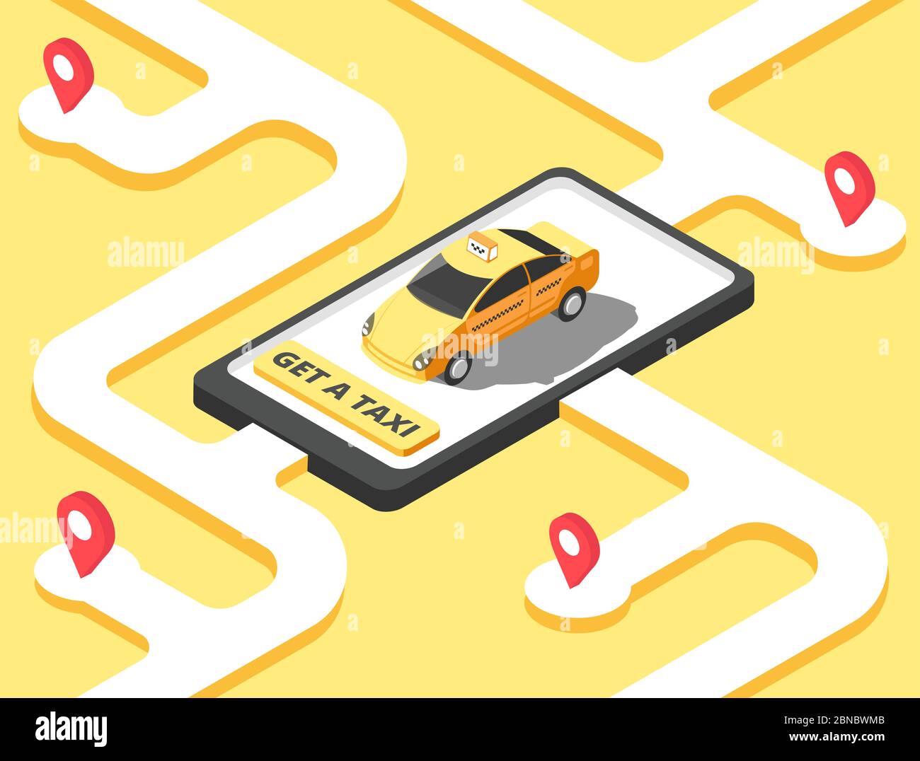 Concetto di taxi. Cabina auto gialla isometrica per il cliente sulla mappa. Sfondo vettore app servizio taxi. Taxi città, taxi strada, illustrazione gialla auto Illustrazione Vettoriale