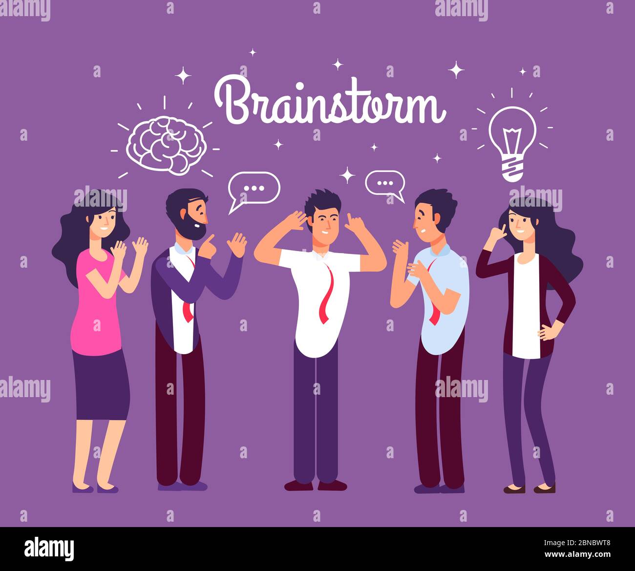 Brainstorming persone. Uomo e donna parlano e pensano. Il team genera un'idea creativa. Concetto vettore di riunione di affari. Illustrazione della riunione del team aziendale, comunicazione del lavoro di gruppo dell'ufficio Illustrazione Vettoriale
