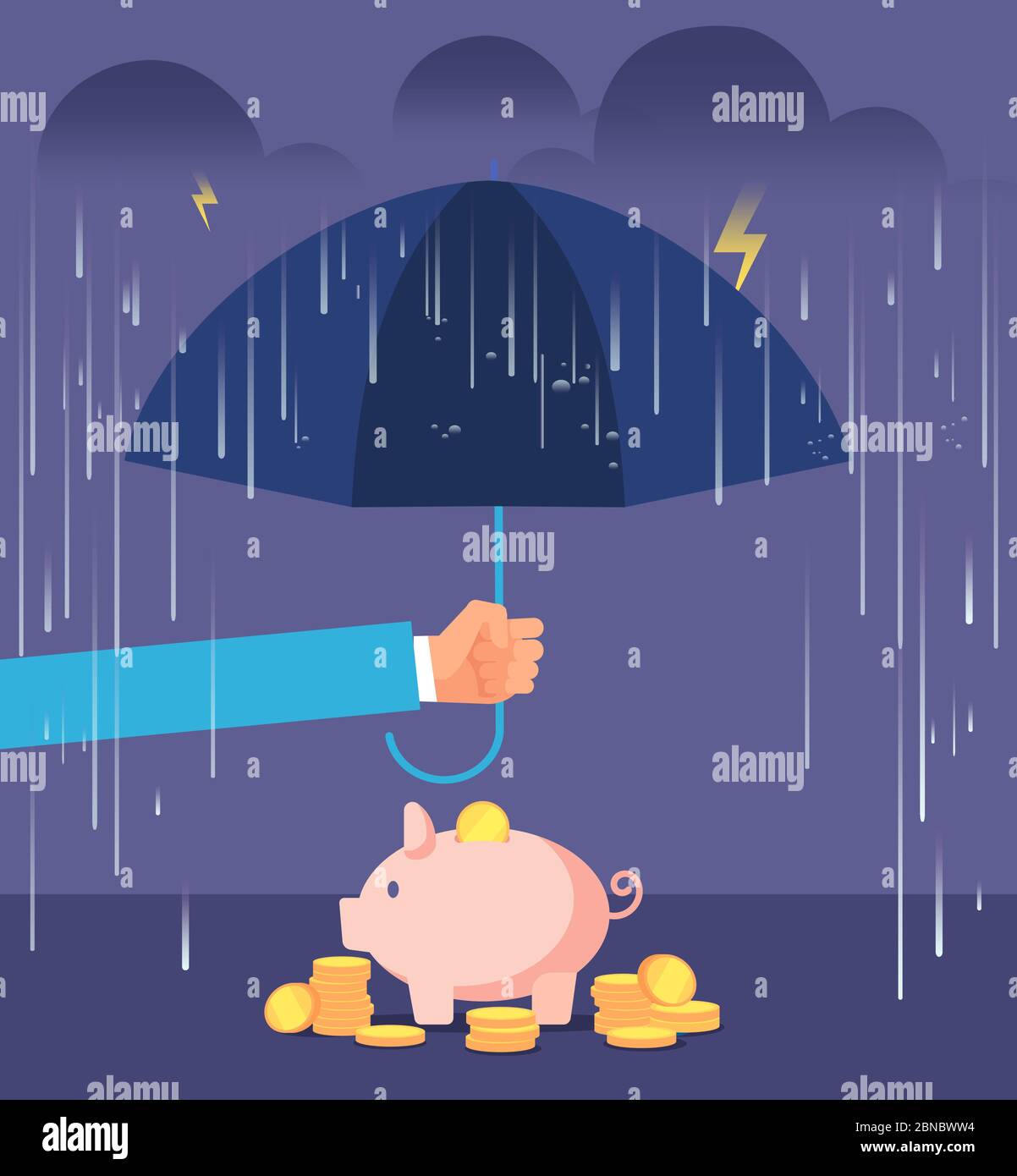 Concetto di protezione del deposito. Mano con ombrello che protegge la banca di piggy da pioggia e tempesta. Fondo aziendale vettore di assicurazione del deposito. Protezione finanza denaro, business bancario proteggere illustrazione Illustrazione Vettoriale