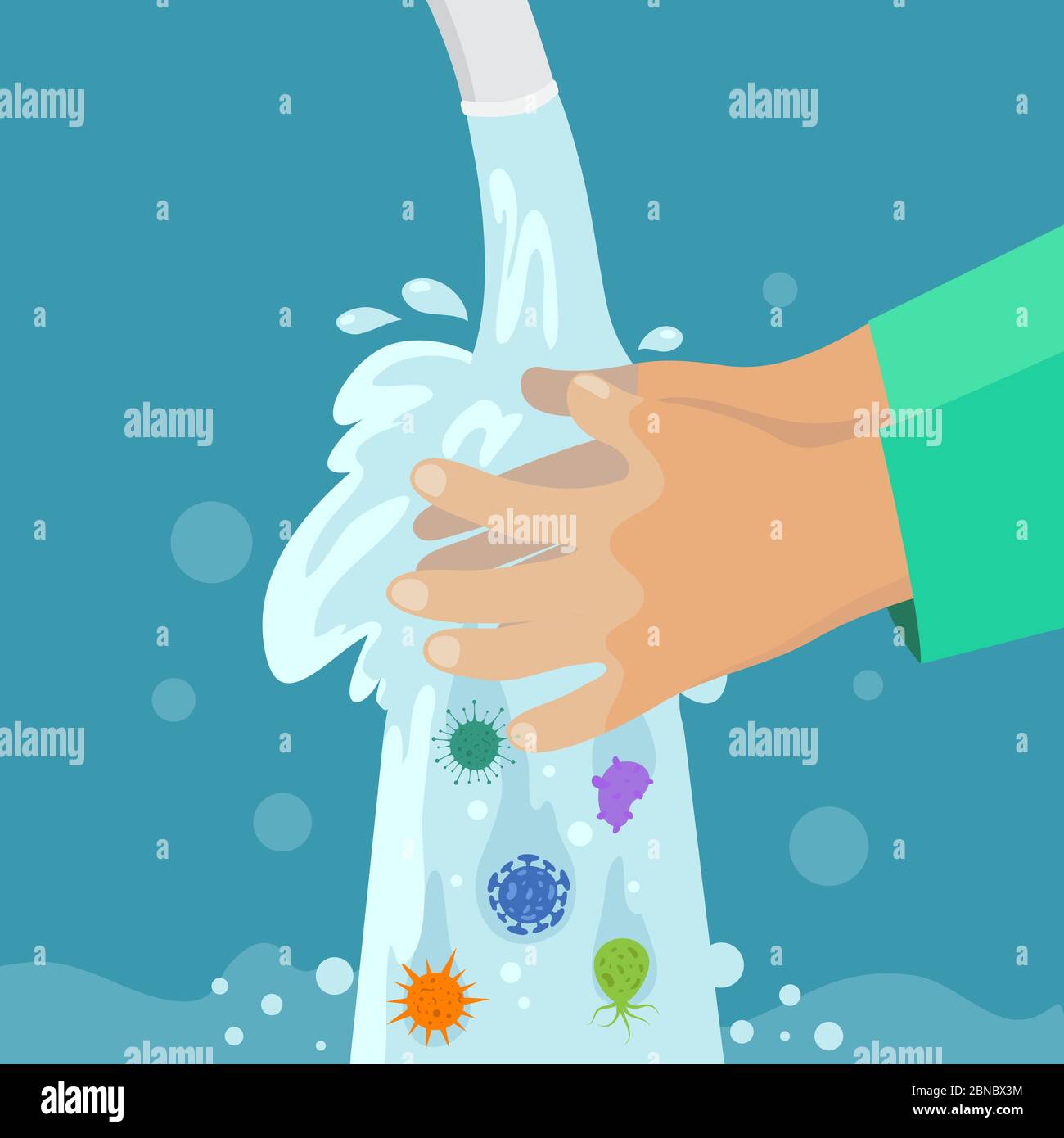 Bambino lavando le mani. Pulire la mano senza germi e batteri sotto il rubinetto. Lavaggio delle mani per bambini, concetto di vettore di protezione da virus. Illustrazione dell'acqua di lavaggio delle mani, della salute di cura e della prevenzione di igiene Illustrazione Vettoriale