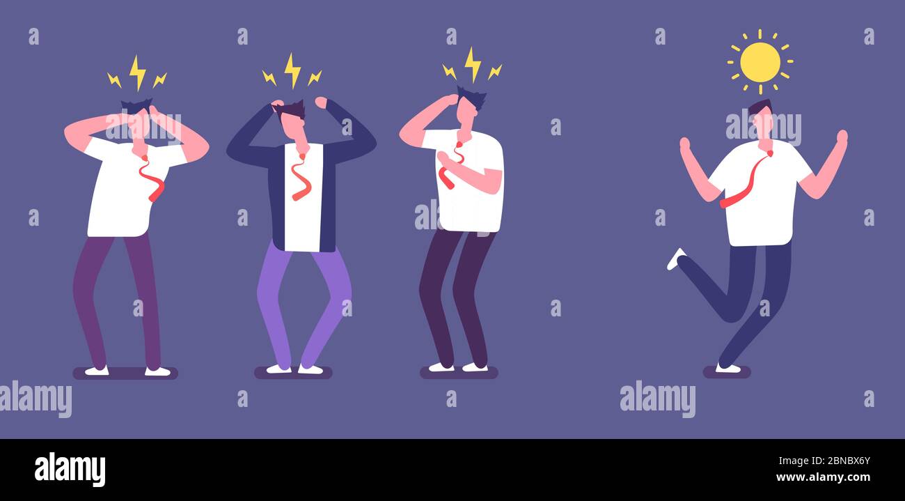 Corri da persone negative. Persona di affari felice che corre via dei colleghe tossici arrabbiati. Concetto di vettore dell'ambiente di lavoro per ufficio infelice. Immagine di un collega malcontento e malcontento Illustrazione Vettoriale