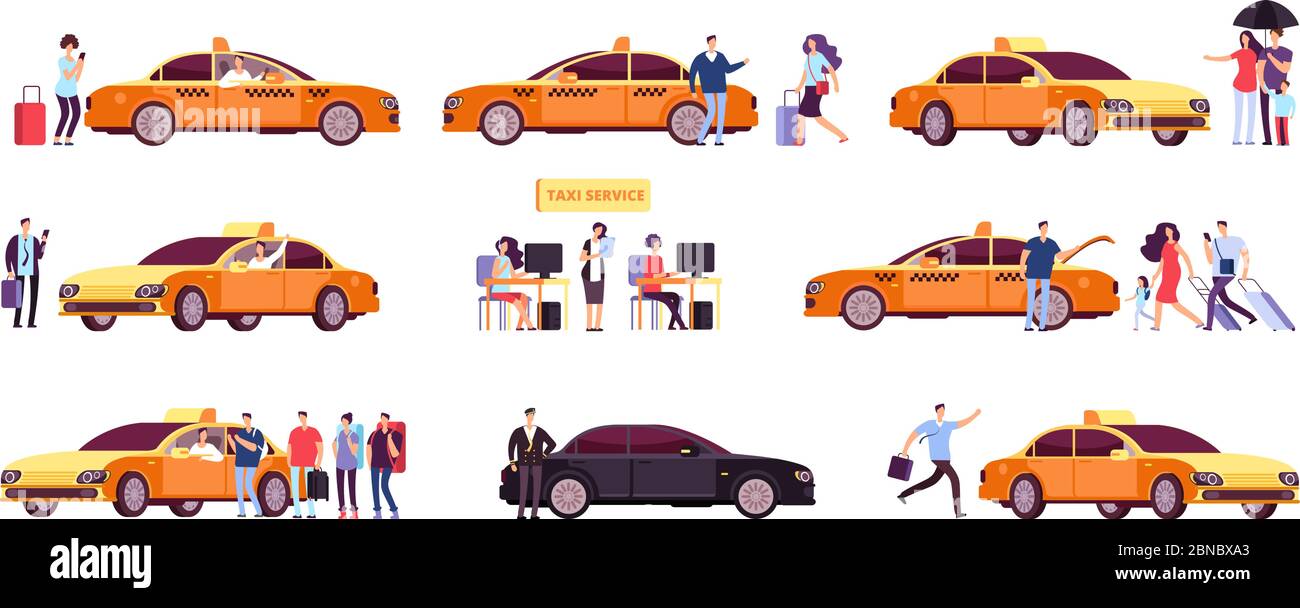 Persone e taxi. Cabina conducente passeggero e auto in marcia. Icone isolate del servizio taxi. Servizio taxi auto, trasporto illustrazione cliente Illustrazione Vettoriale