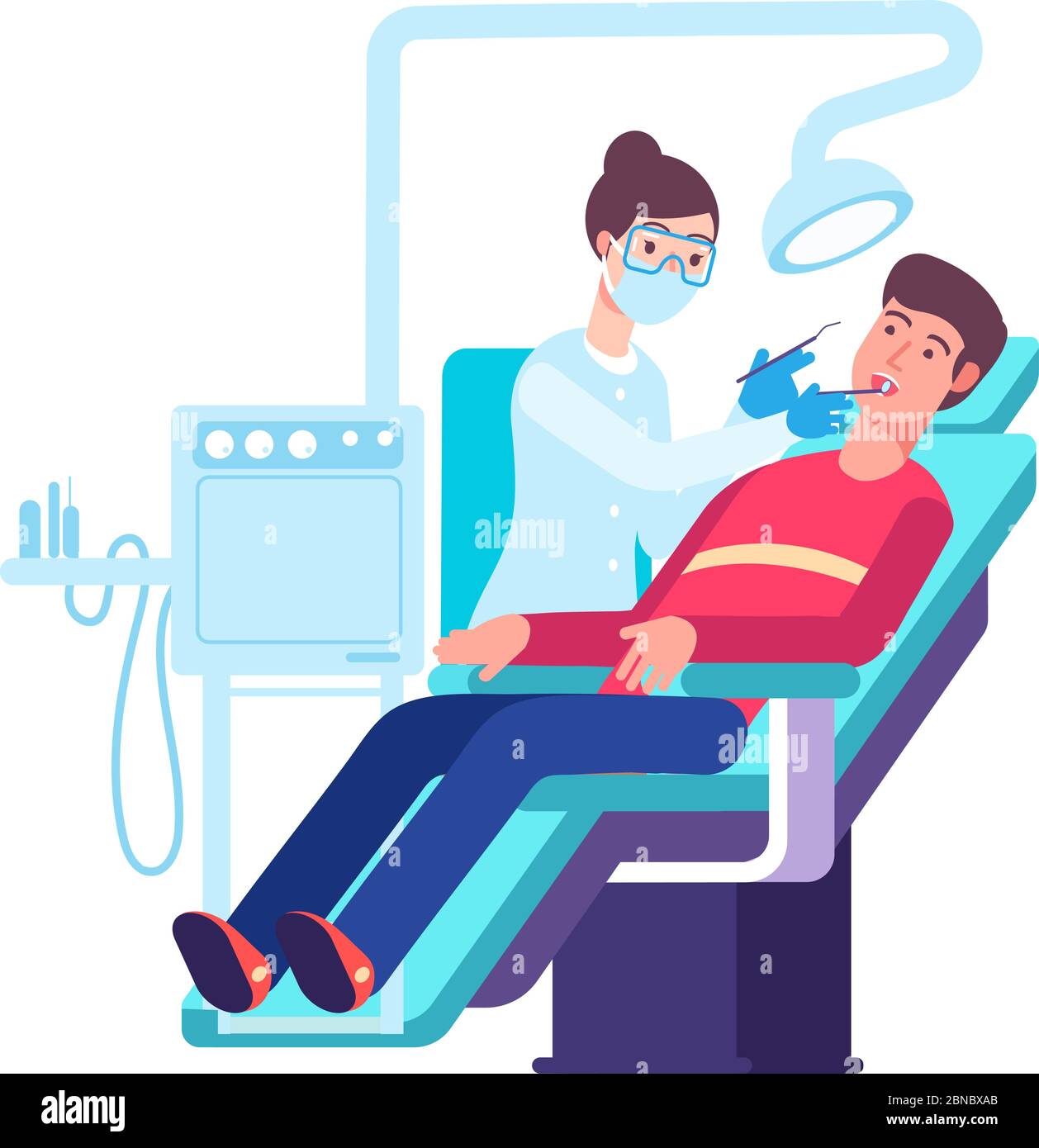 Dentista e paziente. Medico che controlla la bocca dei pazienti. Esame dei denti e concetto vettoriale odontoiatrico. Illustrazione della clinica odontoiatrica, del paziente e del medico odontoiatrico Illustrazione Vettoriale