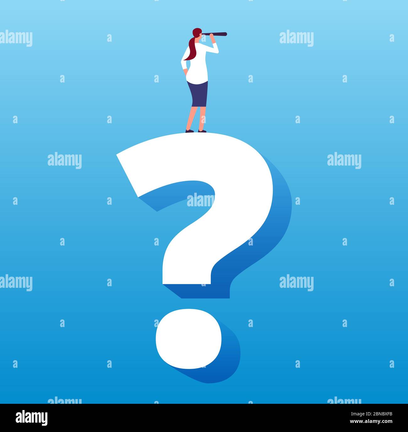 Donna d'affari sul punto interrogativo. Concetto sconosciuto di futuro viaggio e prossima decisione, scelta di strategia e sfida aziendale. Domanda aziendale e decisione sui problemi, soluzione e illustrazione del pensiero Illustrazione Vettoriale