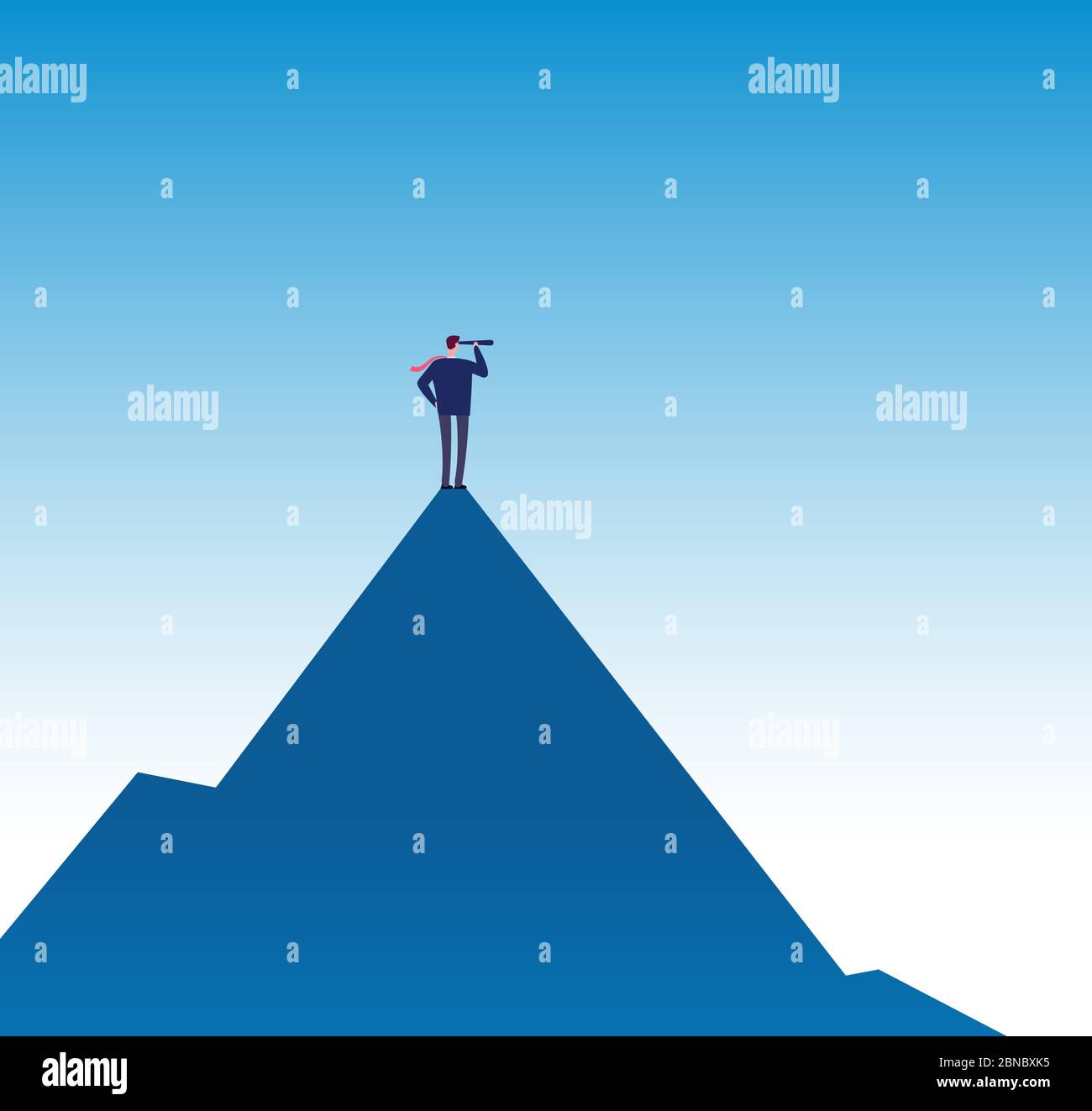 Concetto di missione aziendale. Visionario sulla vetta della montagna con telescopio. Poster vettoriale della visione aziendale di successo. Illustrazione di uomo d'affari con binocolo sulla cima della montagna Illustrazione Vettoriale