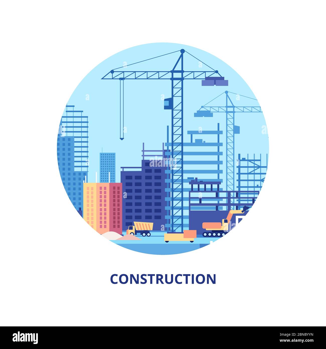 Casa di costruzione. Processo di lavoro della costruzione di edifici e modello di banner di macchinari. Architettura di lavoro di costruzione, digger su illustrazione del luogo Illustrazione Vettoriale