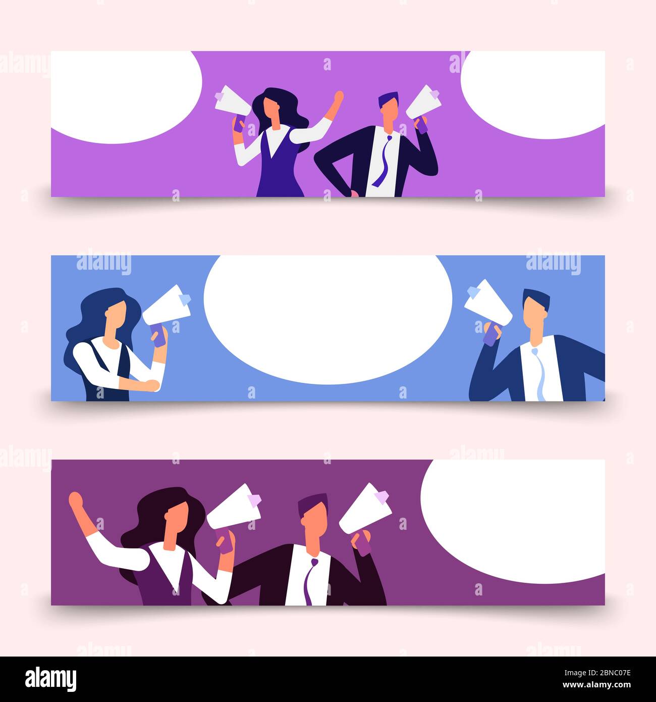 Bandiera orizzontale modello con donna e uomo con megafono. Buisnesspople gridando in corno con bolla di parola per messaggio. Illustrazione dell'uomo con annuncio di comunicazione vocale Illustrazione Vettoriale