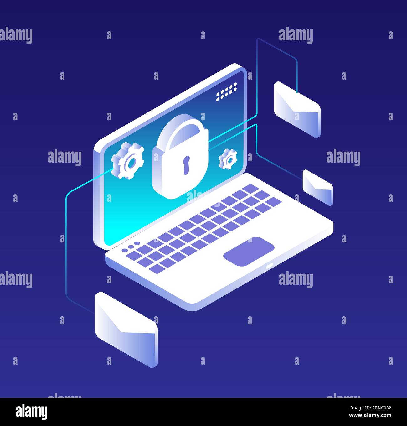 Concetto di protezione dei dati. Crittografia del database di posta elettronica, protezione del computer, delle informazioni e dello storage. Illustrazione di antivirus e vettoriali vpn. Immagine della protezione e-mail del computer portatile, antivirus dei dati di protezione Illustrazione Vettoriale