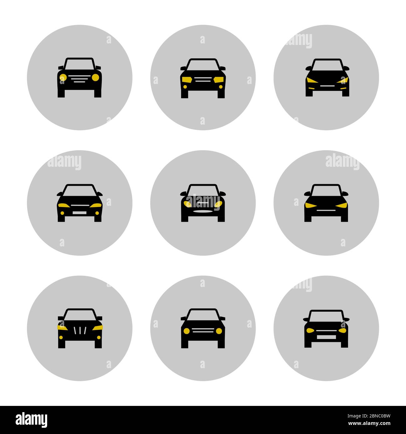 Icona per la vista frontale delle vetture con luci gialle isolate su bianco. Illustrazione vettoriale Illustrazione Vettoriale