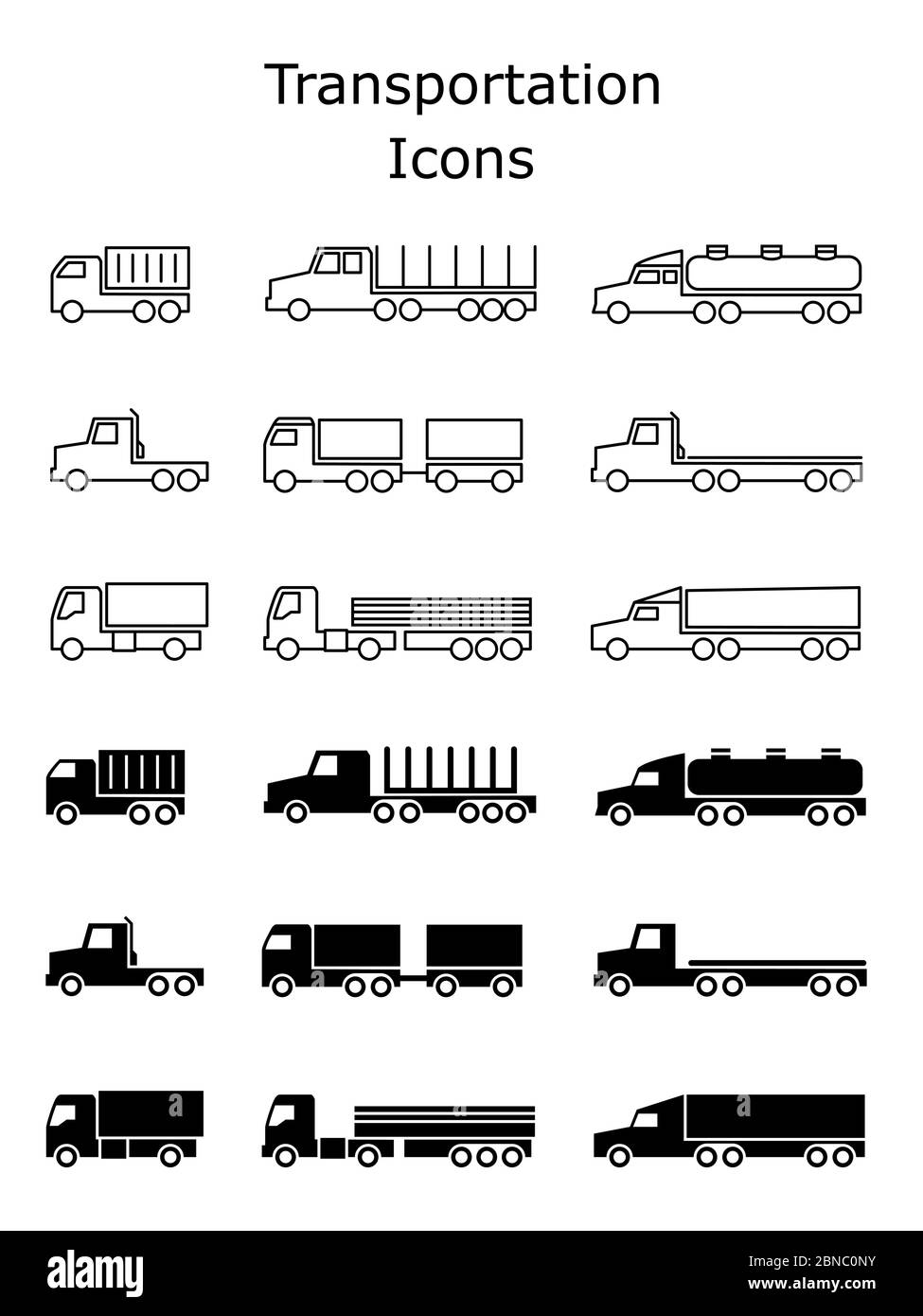 Set di icone di trasporto. Rimorchi per consegne, trucchi da carico, dumper e furgoni, isolati su bianco Illustrazione Vettoriale