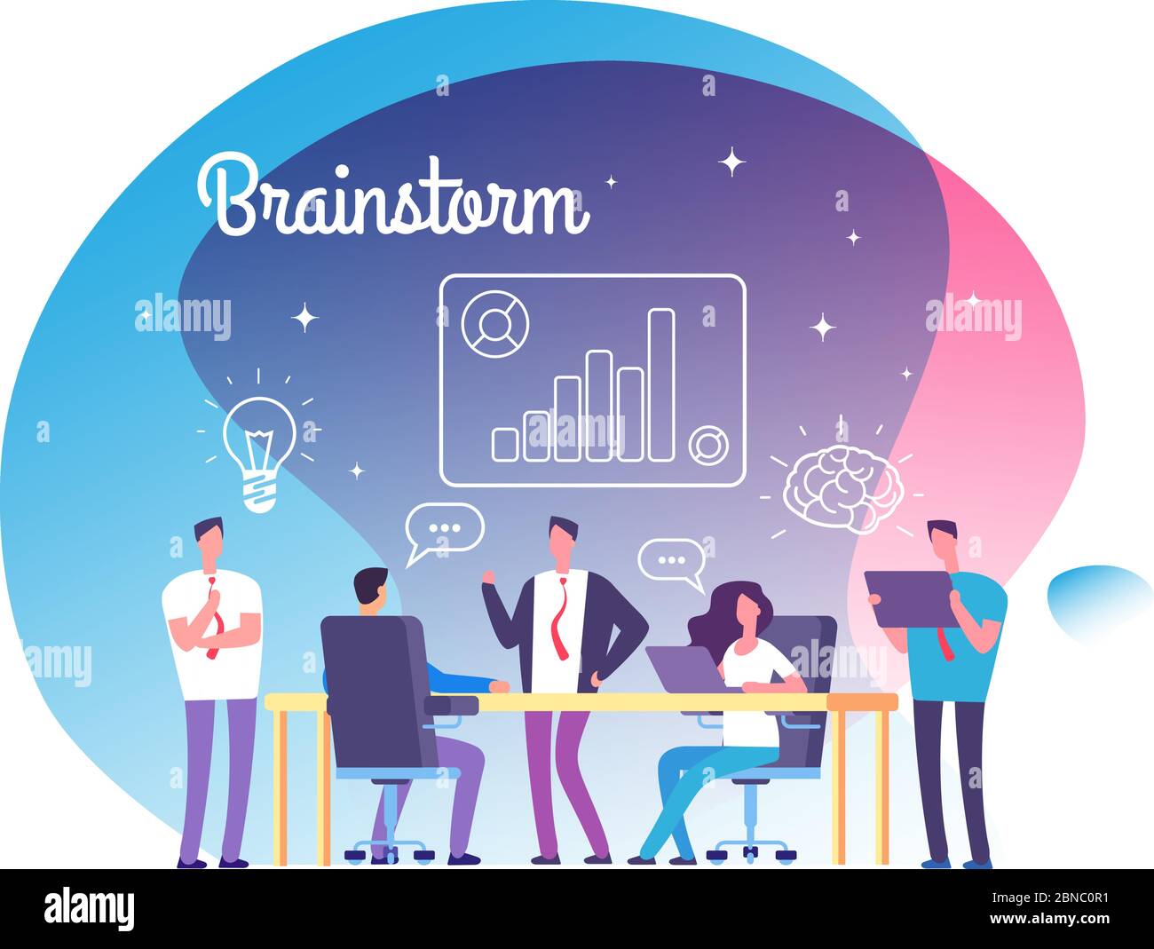 Concetto di brainstorming. Persone che si incontrano in officina. Successo aziendale, team che pensa alla startup e brainstorming vettore background. Illustrazione dell'avvio del lavoro di squadra, del team di brainstorming Illustrazione Vettoriale