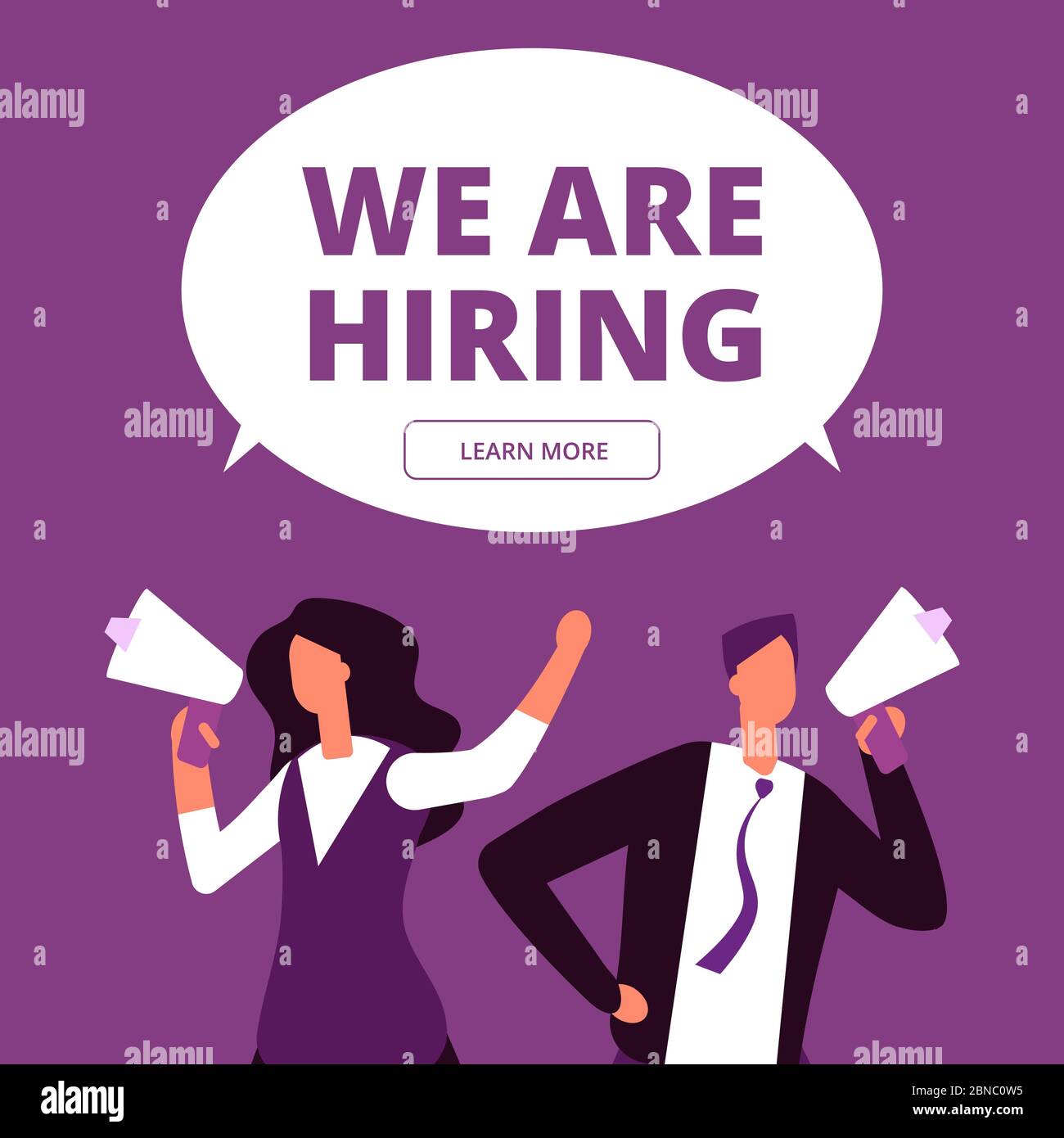 Stiamo assumendo concetto. Background vettore di reclutamento aziendale. Uomo e donna con megafono che gridano per l'illustrazione dell'intervista Illustrazione Vettoriale