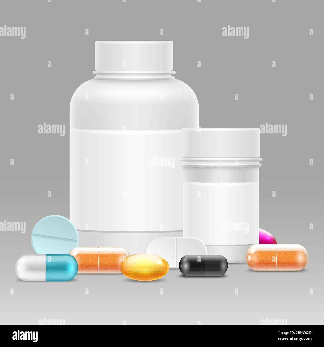 Illustrazione vettoriale della medicina con bottiglie realistiche di plastica per pillole e farmaci, vitamine, pillole. Flacone di plastica e vitamina, contenitore di bianco della medicina per medicamento Illustrazione Vettoriale