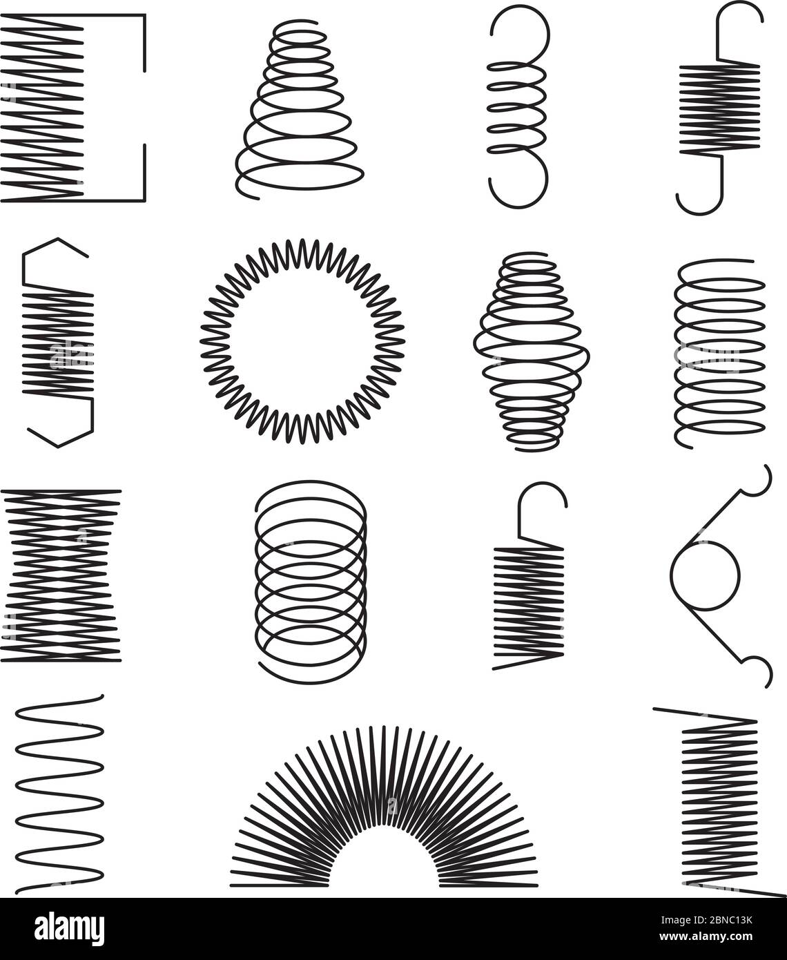 Icone molla in metallo. Linee a spirale flessibili, bobine in acciaio simboli vettoriali isolati. Bobina flessibile e molla, spirale dell'illustrazione della linea di parte Illustrazione Vettoriale