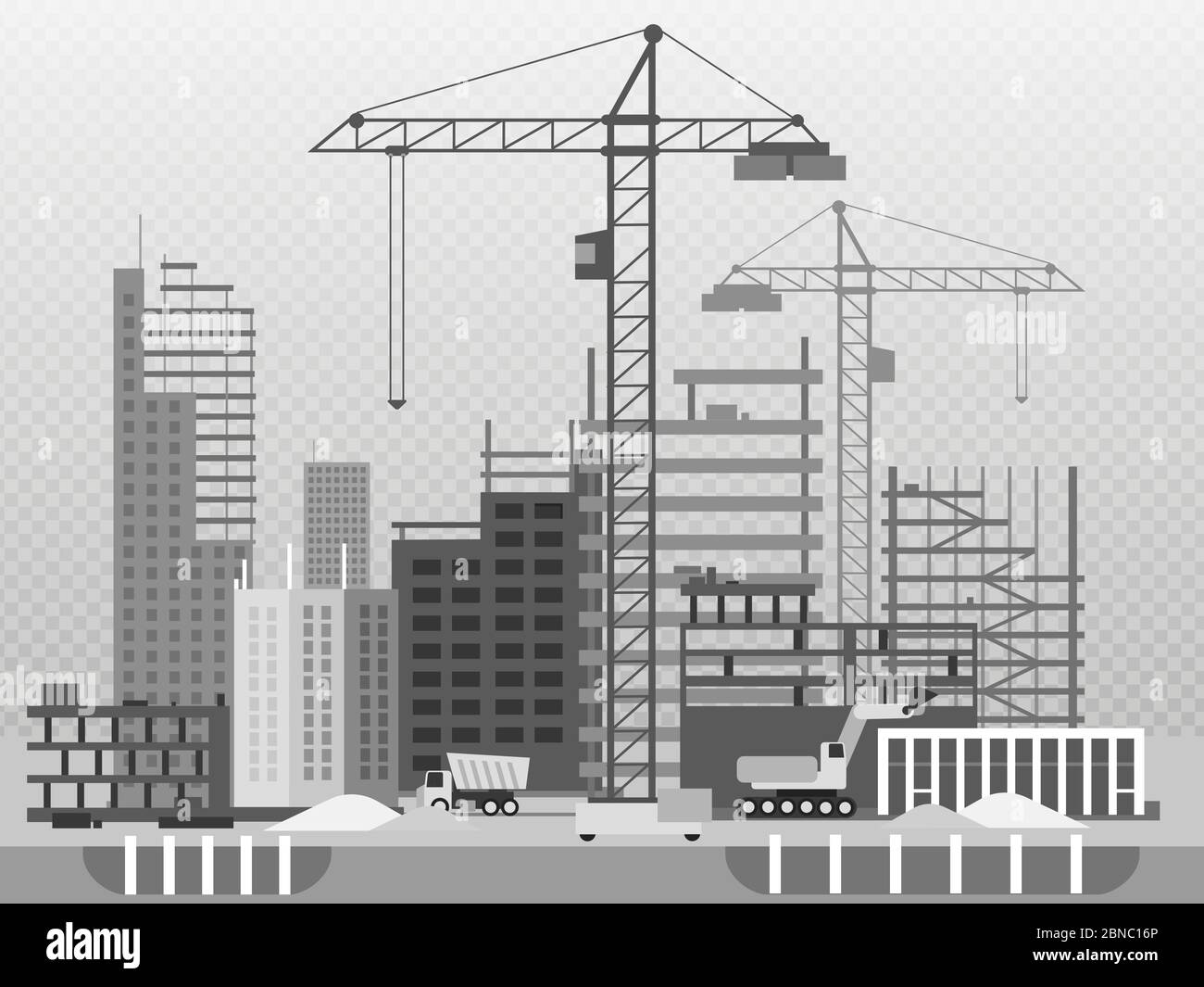 Processo di lavoro della costruzione di edifici e di macchinari isolati su sfondo trasparente. Sviluppo di edifici e macchina vettore di illustrazione auto Illustrazione Vettoriale