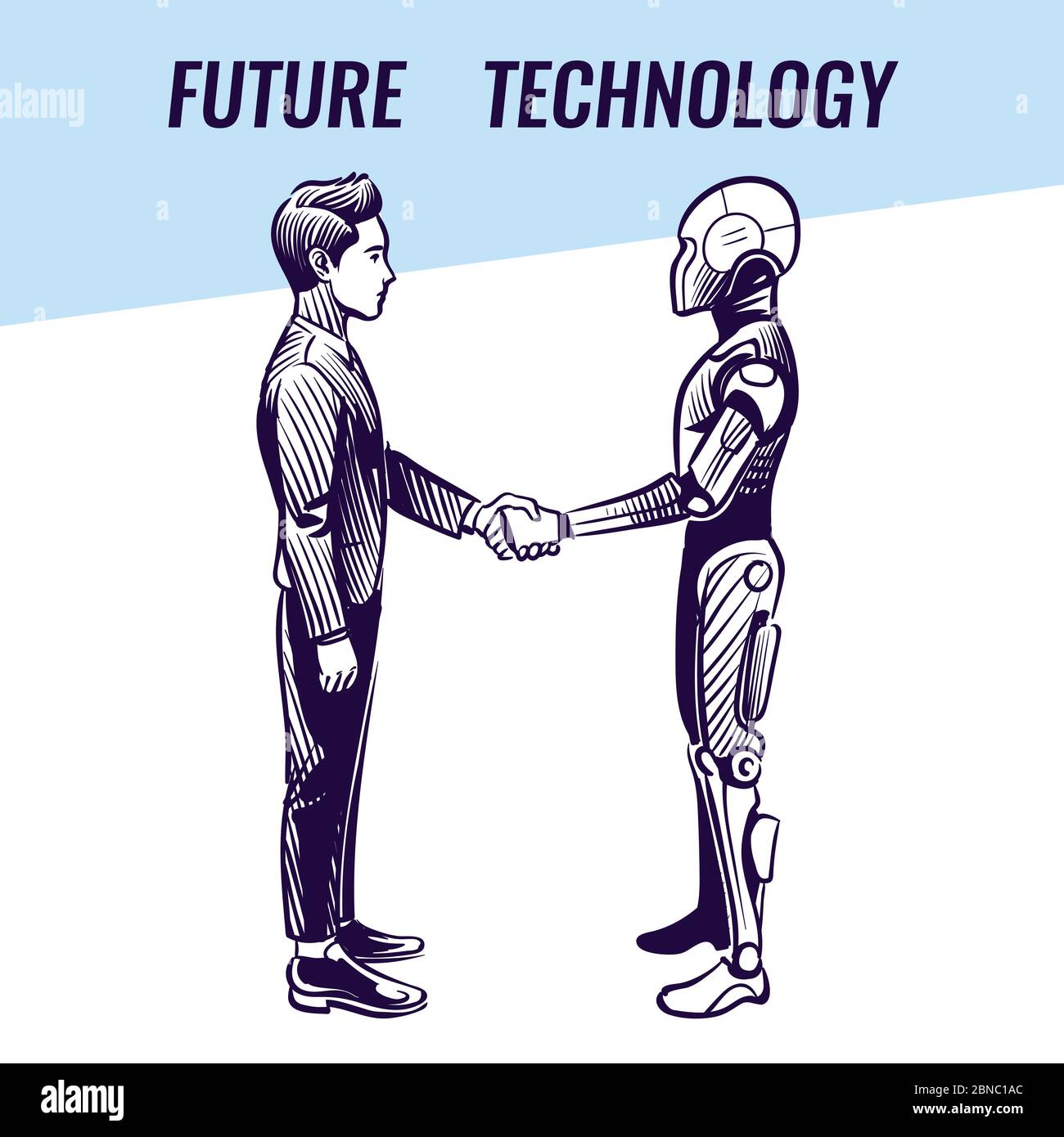 Concetto di intelligenza artificiale. Handshaking umano e robot. Futuristico ai tecnologia avanzata vettore background. Robot e cooperazione con le mani umane, illustrazione dei personaggi che scuotono Illustrazione Vettoriale