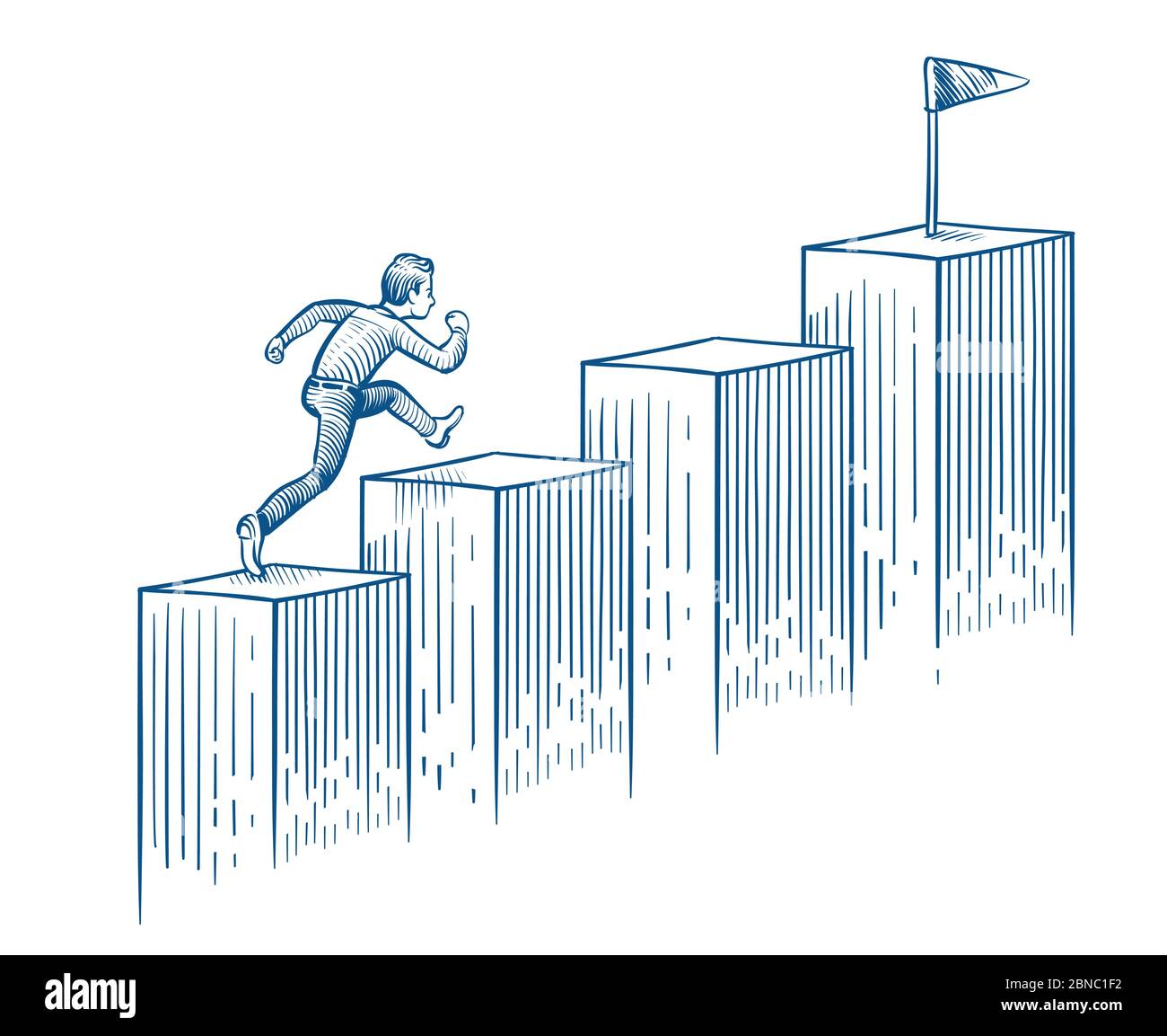 Uomo d'affari che corre sulle scale. Uomo che cammina verso il bersaglio. Concetto vettoriale disegnato a mano di successo di carriera e opportunità di business. Eseguire l'uomo su scala di crescita illustrazione Illustrazione Vettoriale