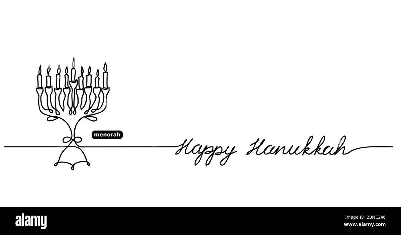 Happy Hanukkah menorah vettore sfondo con lettere Happy Hanukkah e spazio copia. Un disegno a linea continua, sfondo, banner Illustrazione Vettoriale
