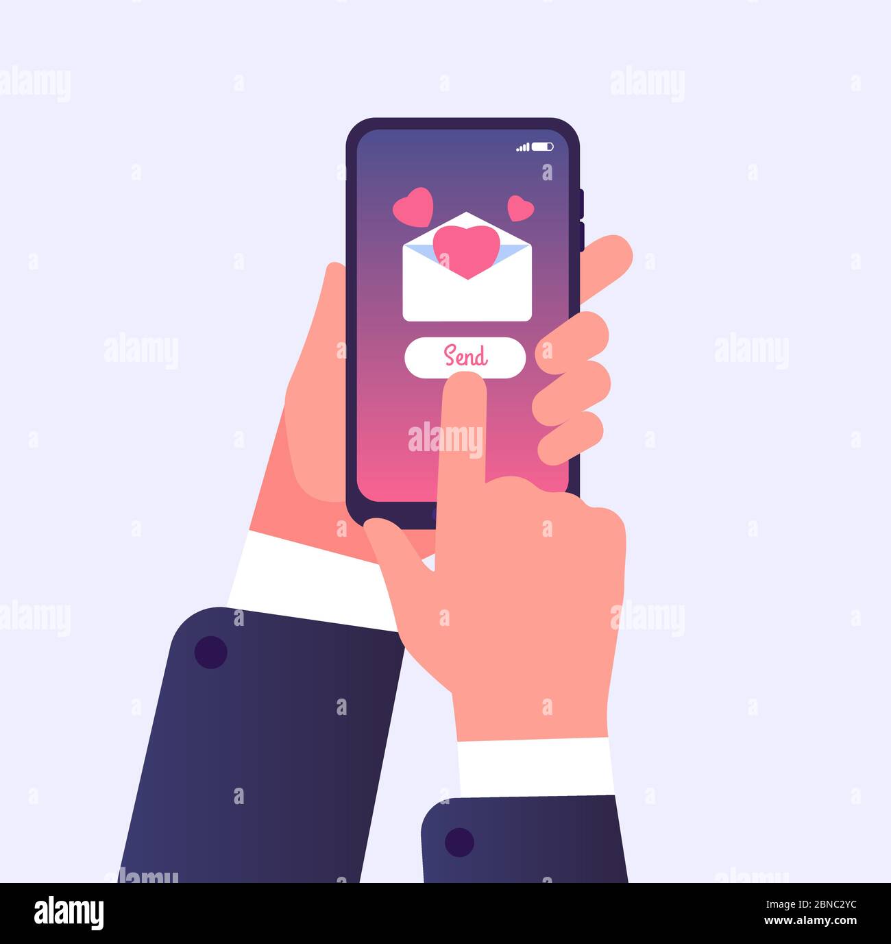 Invio messaggio amore. Telefono cellulare con cuore d'amore a mano sullo schermo. Concetto di vettore di messaggio giorno di San Valentino. Immagine dell'invio di un messaggio con il cuore rosso Illustrazione Vettoriale