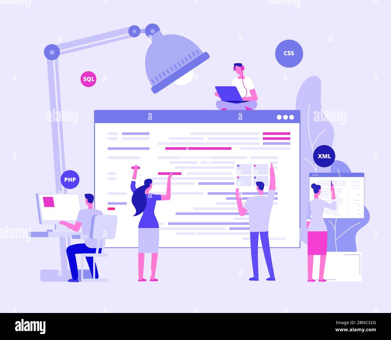Sviluppo di siti Web. Designer e programmatori creano un sito aziendale. Concetto di vettore di codifica di sito web. Illustrazione della pagina Internet del sito di sviluppo Illustrazione Vettoriale
