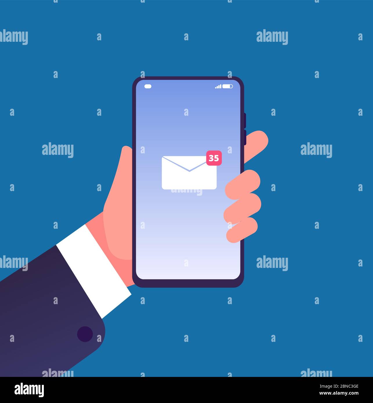 Notifica e-mail sullo smartphone. Mano con il cellulare nuovo messaggio di posta sullo schermo, casella di posta sms. Concetto di vettore di comunicazione online. Immagine della notifica e-mail e sms sullo schermo Illustrazione Vettoriale
