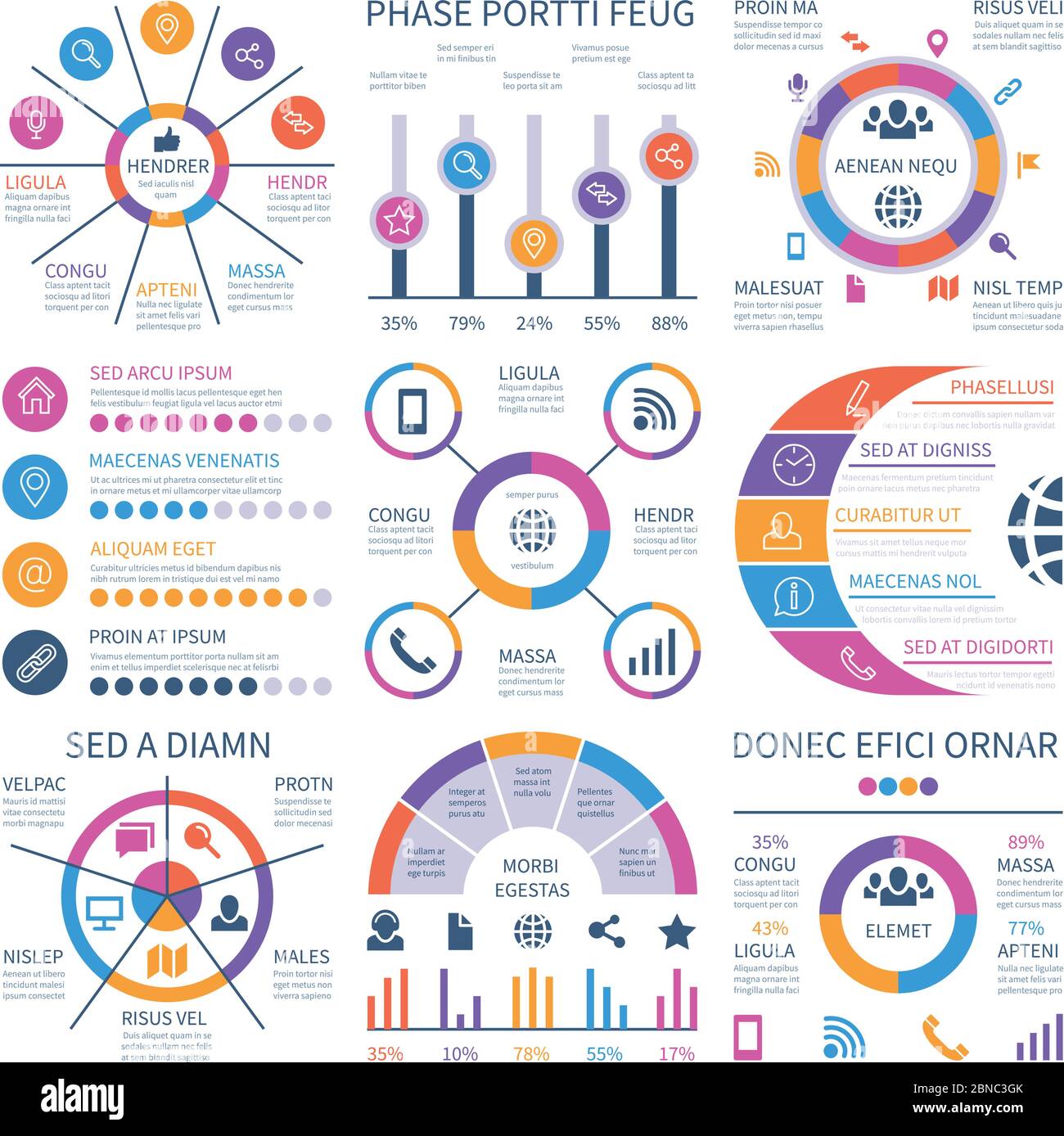 Infografiche. Grafici di marketing diagramma del flusso di lavoro finanziario, grafico a barre. Grafici statistici e infocchart numerici. Set di vettori infografici. Illustrazione della presentazione infografica di un grafico e di un diagramma aziendale Illustrazione Vettoriale