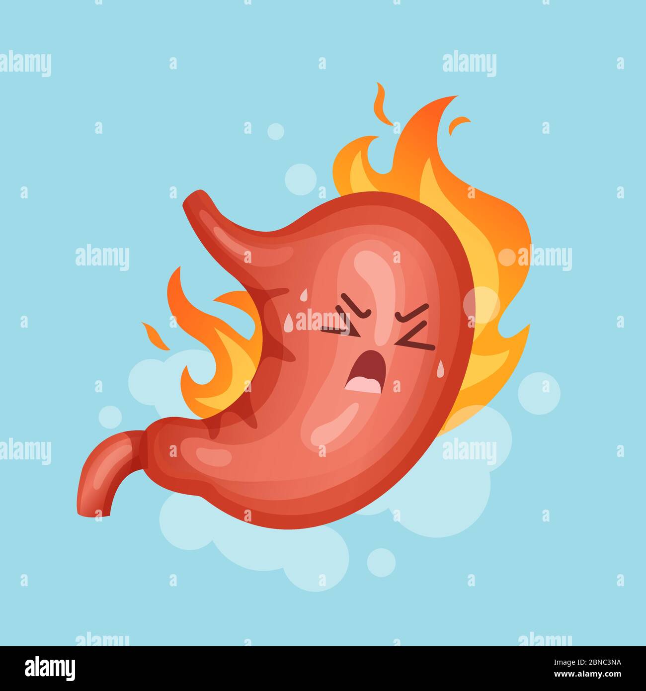 Bruciore di stomaco. Gastrite e reflusso acido, indigestione e problemi di dolore allo stomaco concetto vettore. Illustrazione di bruciore di stomaco digestivo, gastrico e esofago, problema con lo stomaco Illustrazione Vettoriale