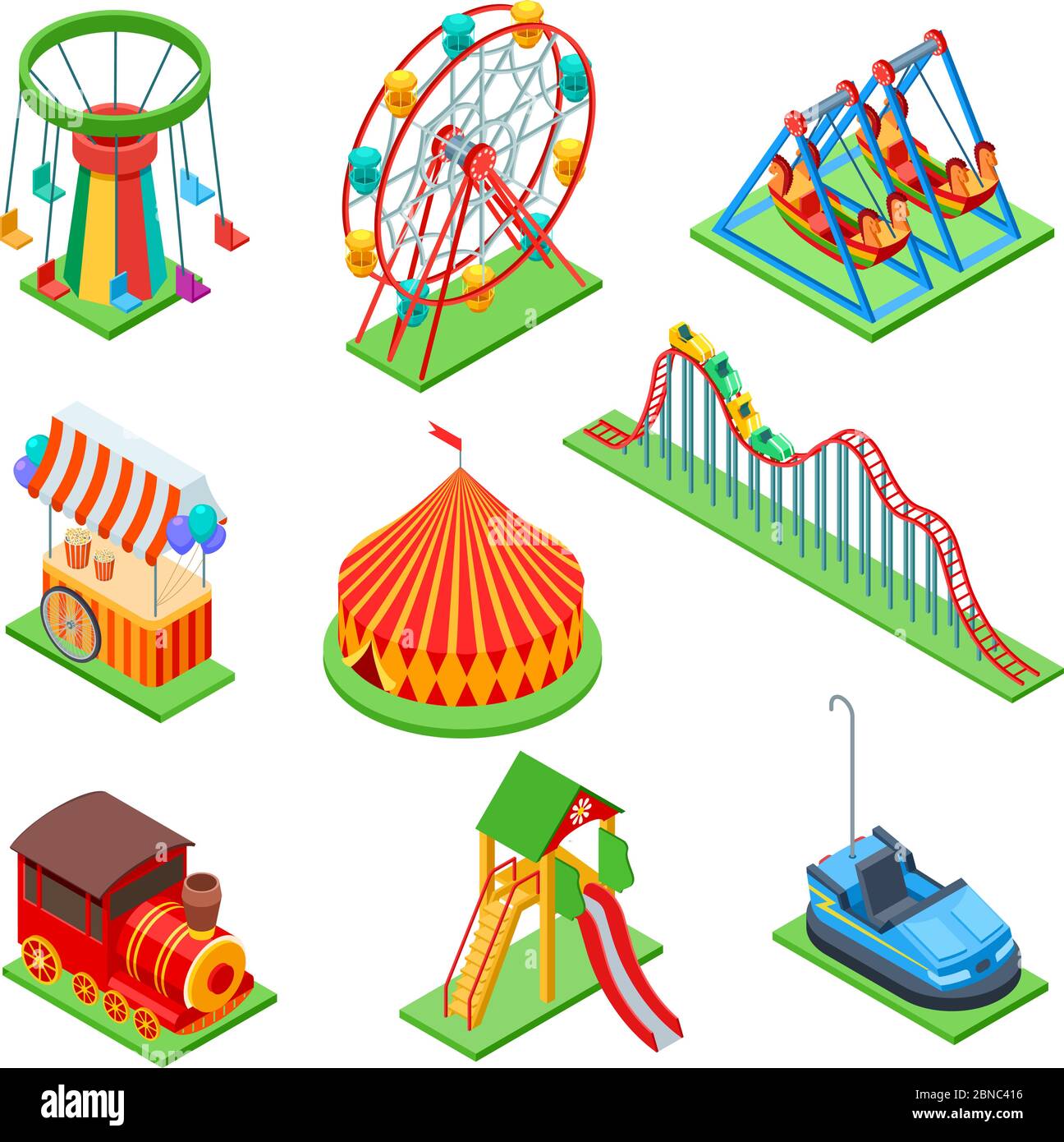 Elementi isometrici del parco divertimenti. Ruota panoramica e tenda da circo, cabina di popcorn e montagne russe. Serie vettoriale di parco divertimenti, tenda circo e illustrazione giostra Illustrazione Vettoriale