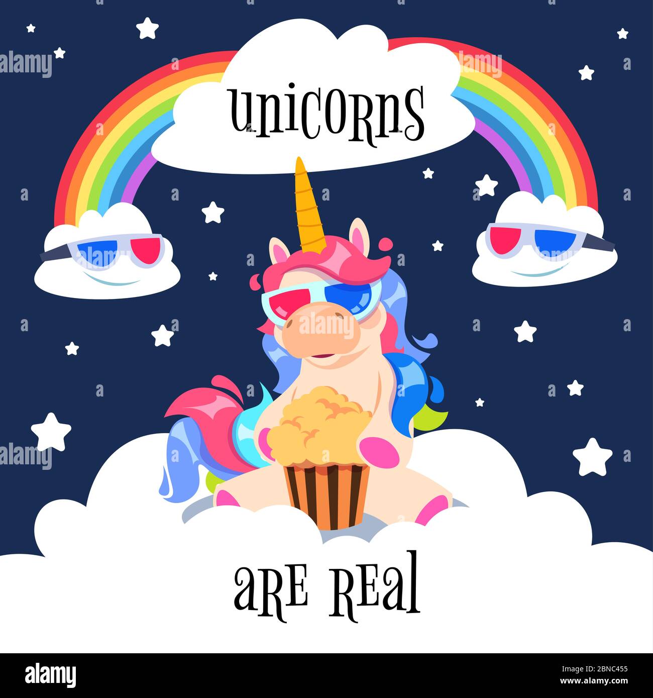 Carino unicorno magico con arcobaleno. Pony fantasy sulle nuvole. Cartoon unicorn wallpaper disegno vettoriale. Illustrazione di pony unicorno, magia di cavallo di fantasia per il banner cinematografico Illustrazione Vettoriale