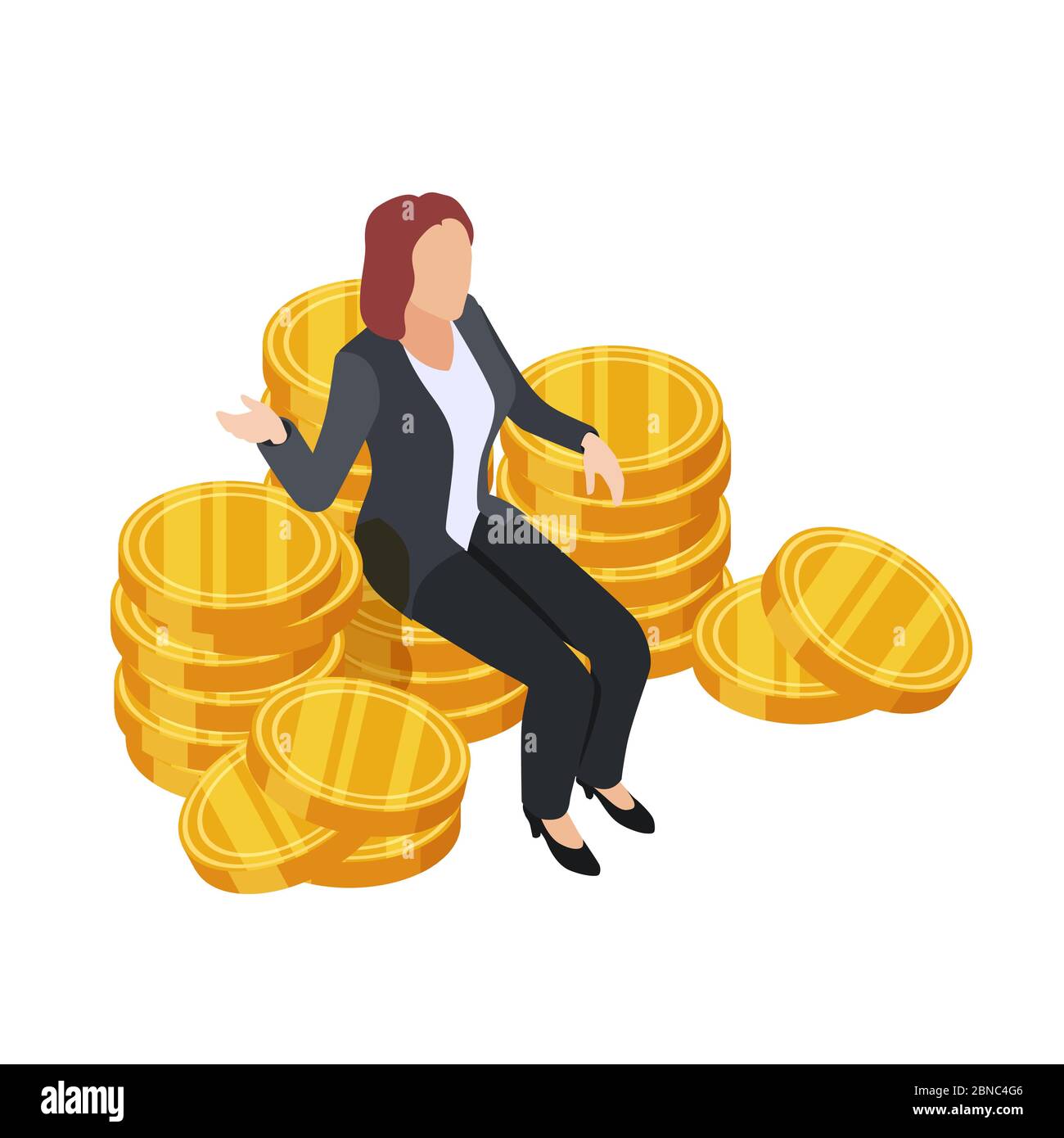 Donna d'affari seduto sul vettore isometrico delle monete d'oro. Dollar queen isolato su sfondo bianco. Finanzia la pila d'oro, illustrazione riuscita della signora Illustrazione Vettoriale