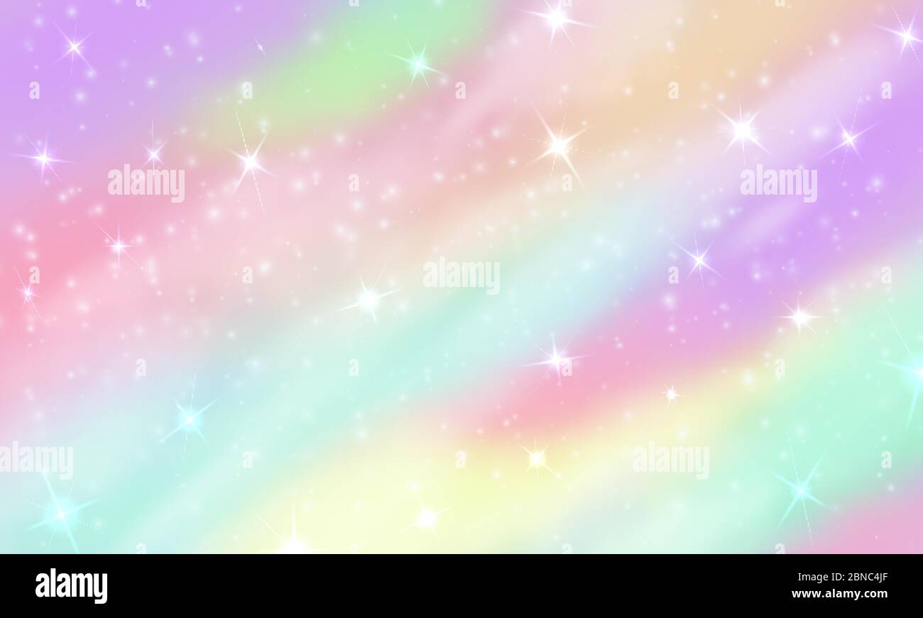 Arcobaleno unicorno sfondo. Mermaid scintillante galassia in colori pastello con stelle bokeh. Sfondo vettoriale olografico rosa magico. Illustrazione di modello magico, universo arcobaleno, unicorno cosmico Illustrazione Vettoriale