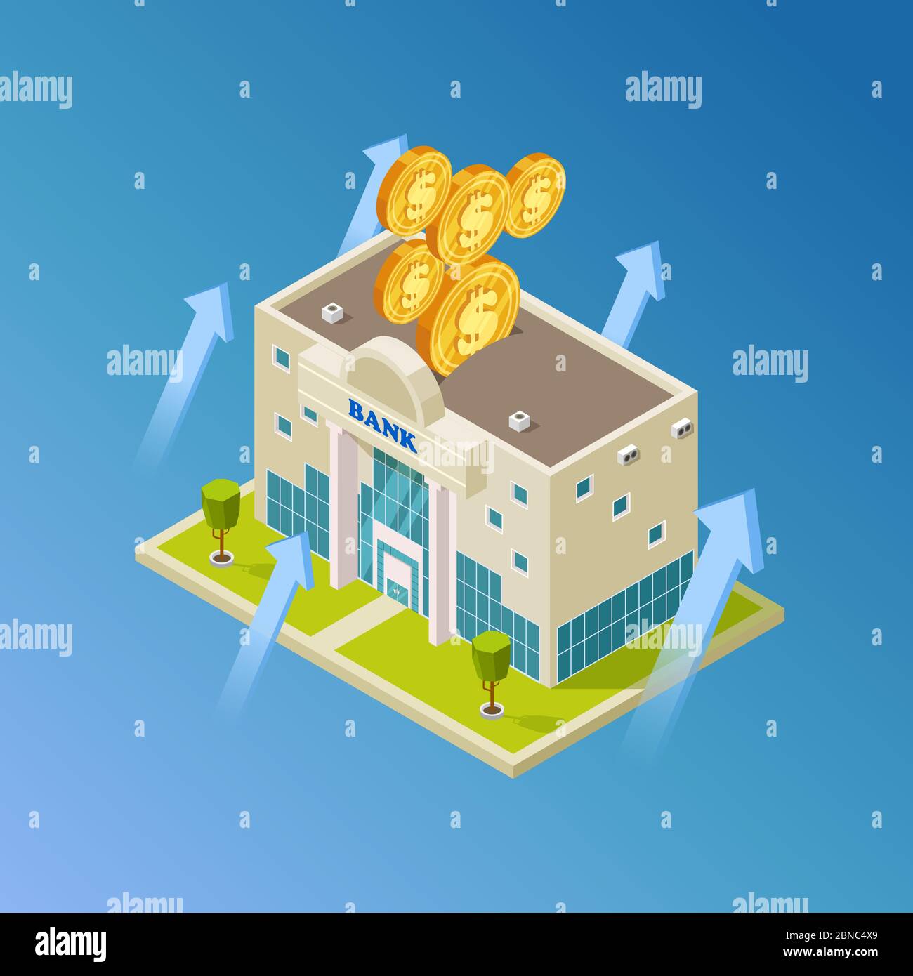 Concetto di vettore finanziario, commerciale, bancario. Edificio bancario 3d isometrico, illustrazione delle monete Illustrazione Vettoriale