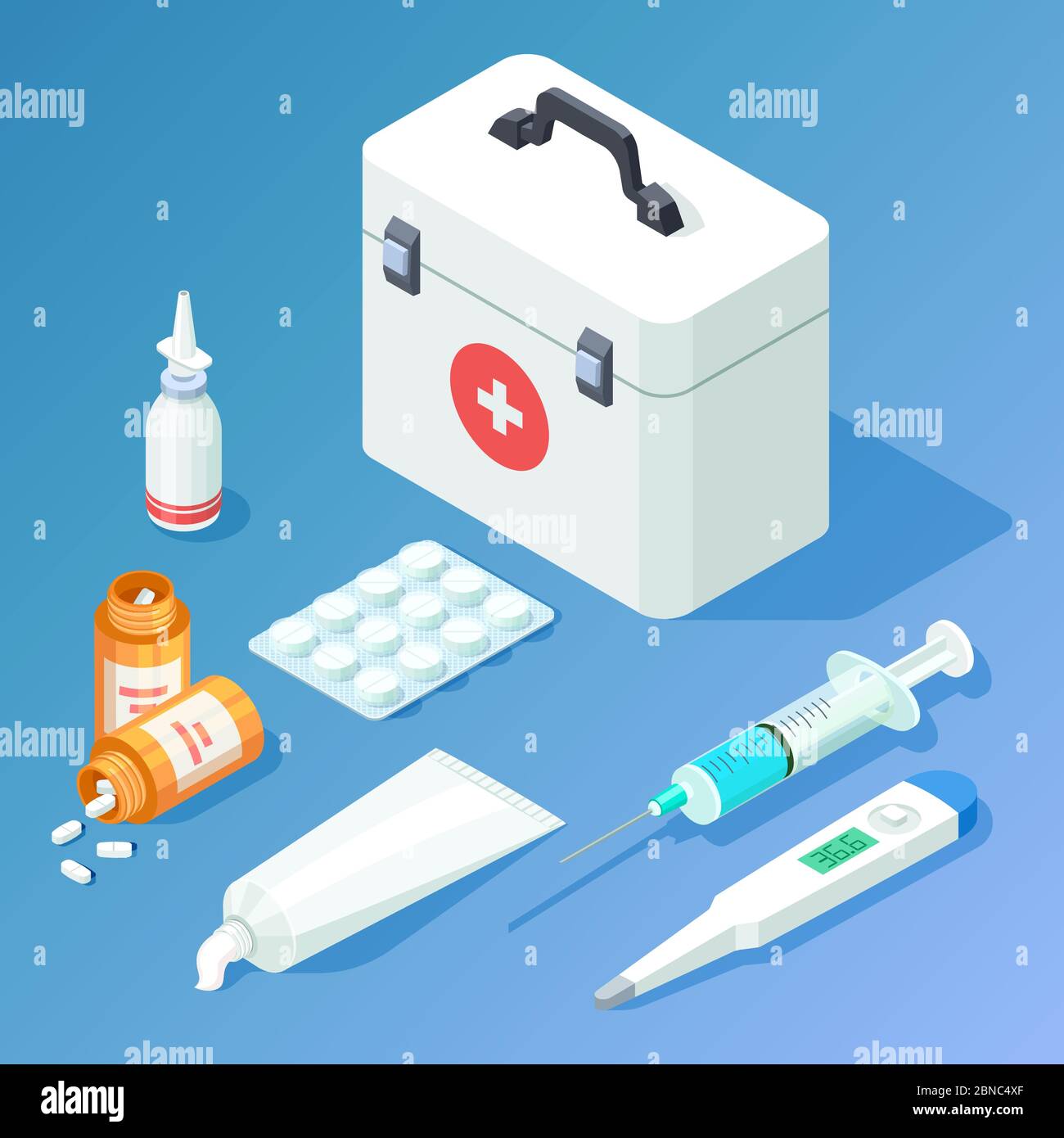 Kit di pronto soccorso farmaco e strumenti vettore isometrico. Set di elementi illustrazione medicina Illustrazione Vettoriale