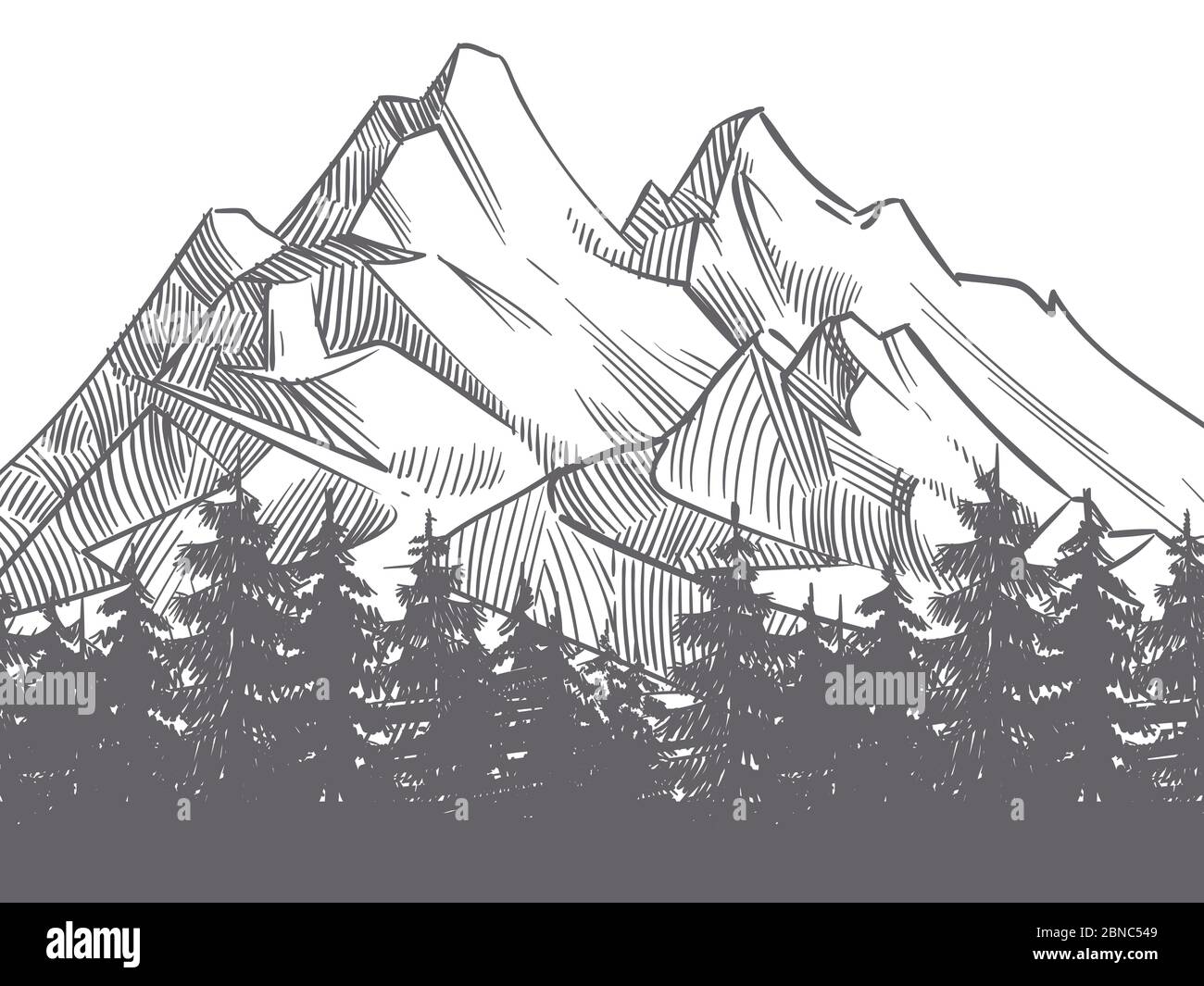 Paesaggio naturale disegnato a mano con montagne e fores silhouette. Paesaggio montano e avventura all'aperto illustrazione di viaggio Illustrazione Vettoriale