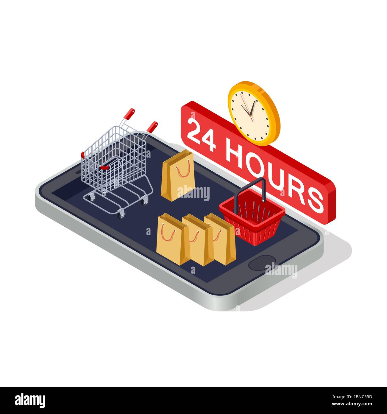 Marketing digitale, shopping online concetto vettoriale di illustrazione dello smartphone isometrico su sfondo bianco Illustrazione Vettoriale